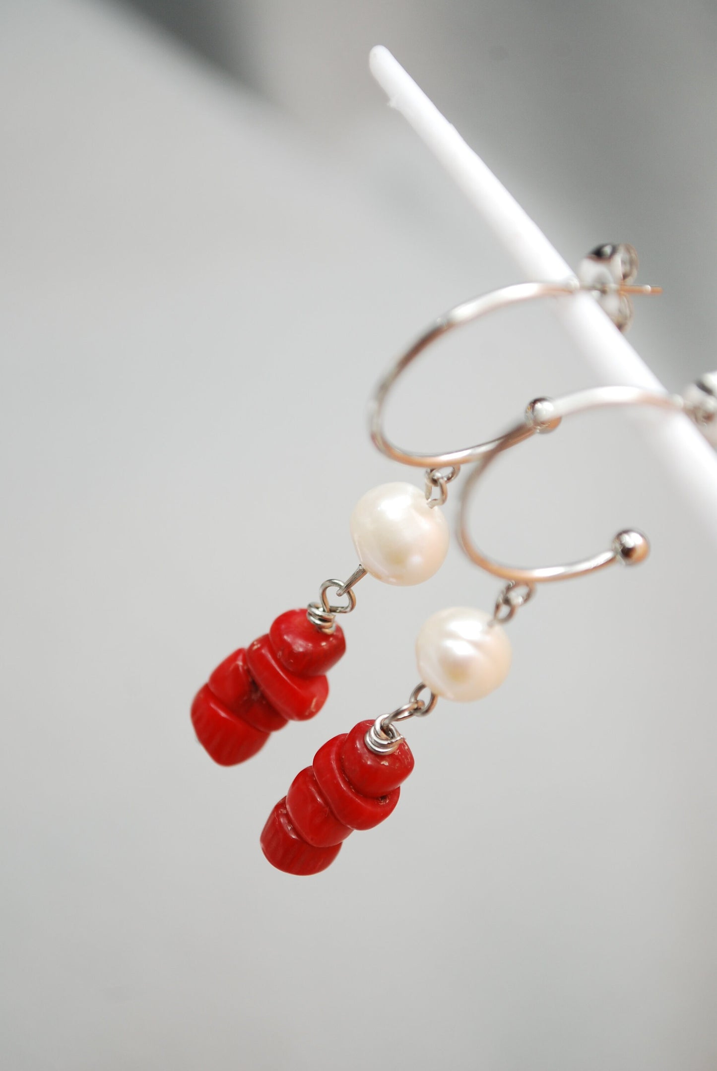 Stainless Steel Earrings with River Pearl Bead and Red Coral Stone Accents  -5.4cm 2.2"