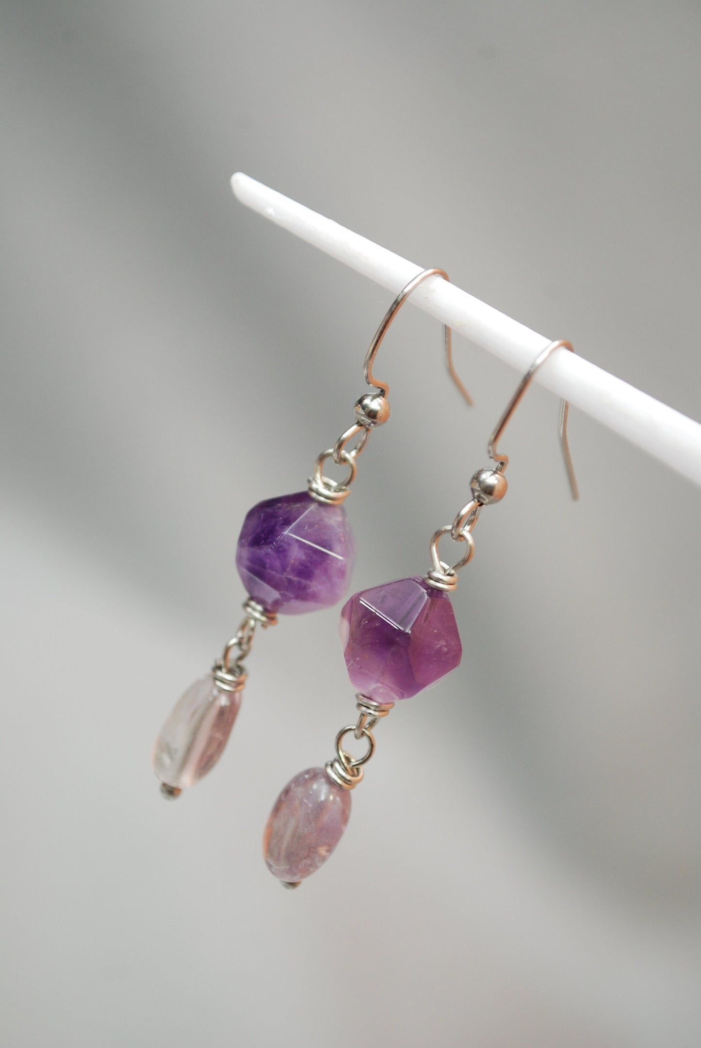 Unique Boho-chic earrings with Amethyst &  Super Seven stone bead. Estibela design. 4.8cm - 1.9". Elegant earrings for parties and cocktails