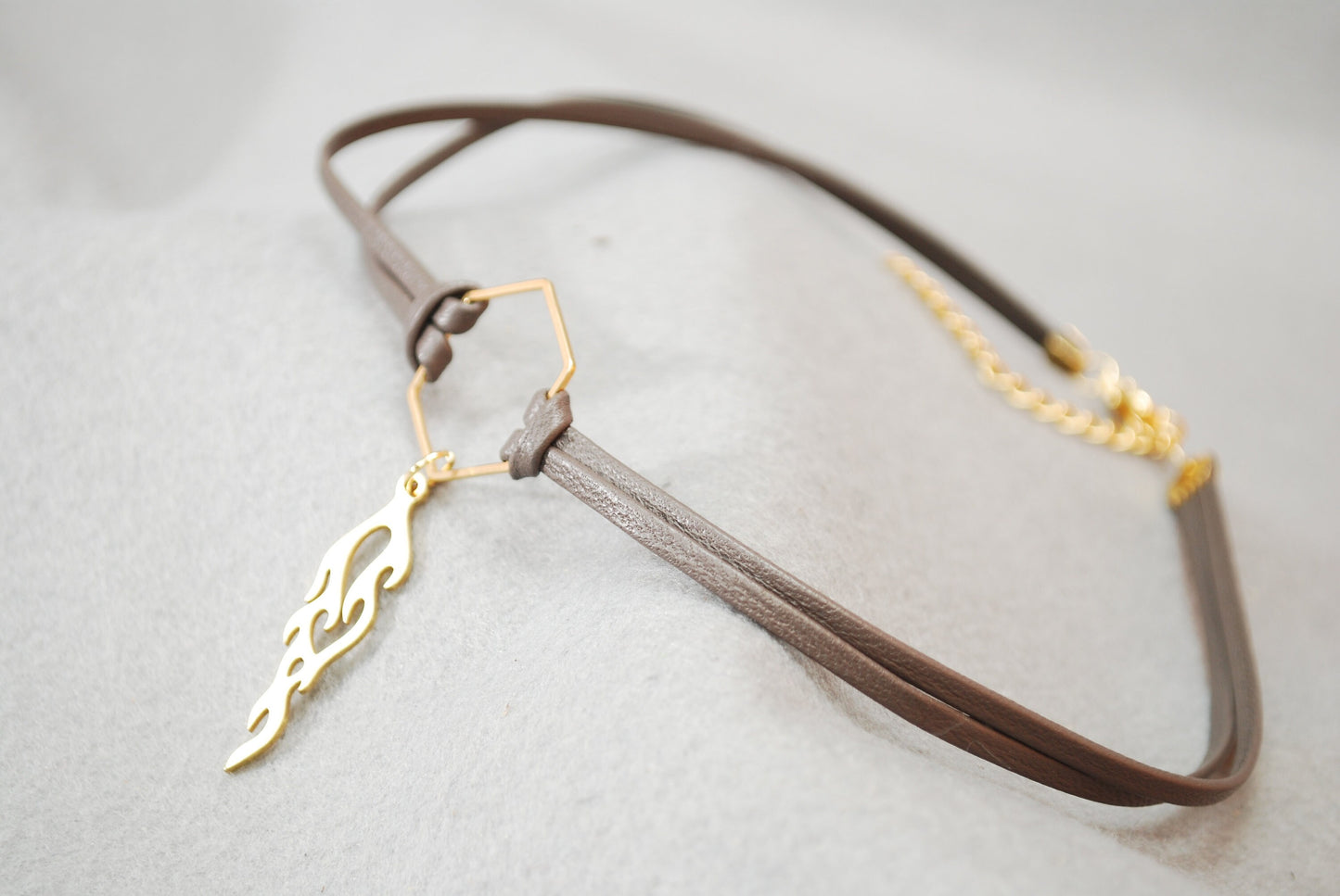 Gold Leather Choker - 13 Inches with Adjustable Chain: Hexagonal Pendant, Stainless Steel, Sleek and Sensual Accessory