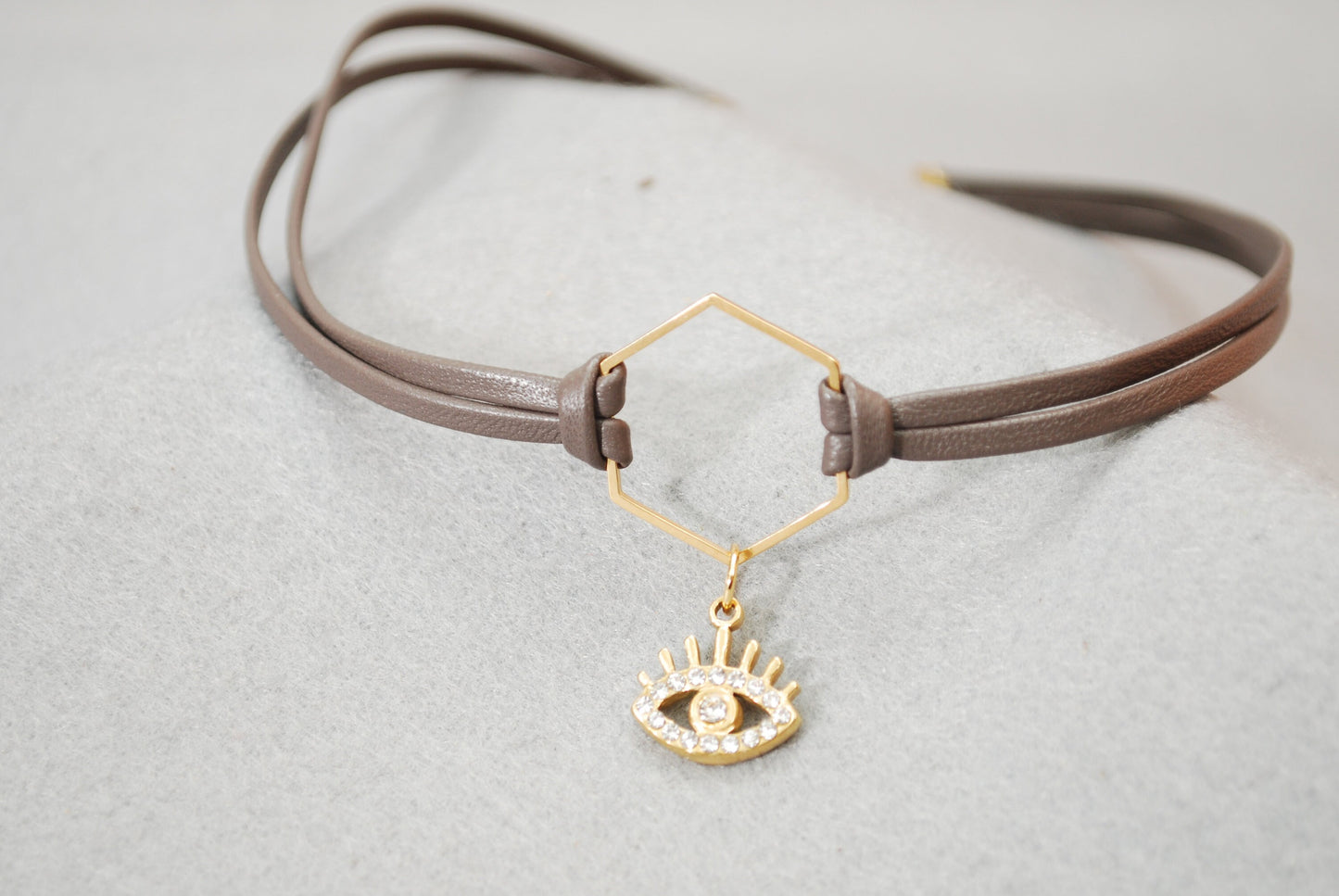 Estibela Hexagon Eye Choker - Stainless Steel, Brown Cord, Minimalist Elegance., Estibela design, 33cm 13in