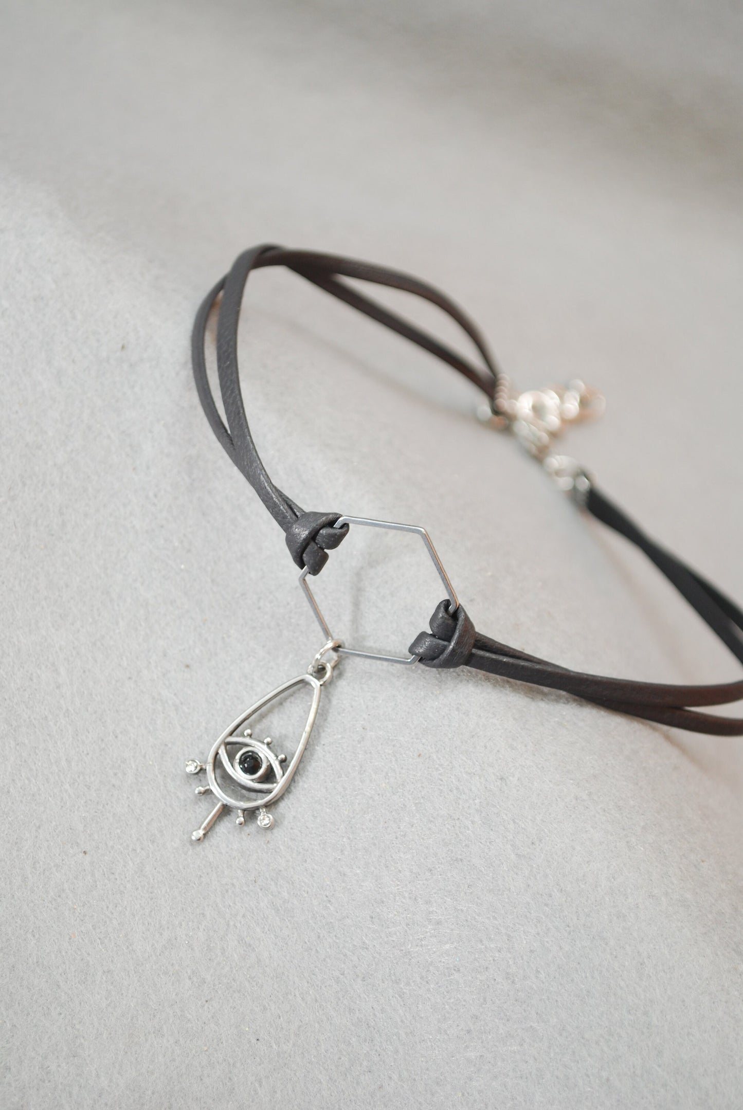 Boho-Chic Black Leather Collar with Stainless Steel Hexagon and Star Pendant, Unique bohemian leather choker, 13in + additional chain