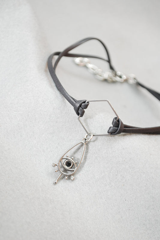 Boho-Chic Black Leather Collar with Stainless Steel Hexagon and Star Pendant, Unique bohemian leather choker, 13in + additional chain