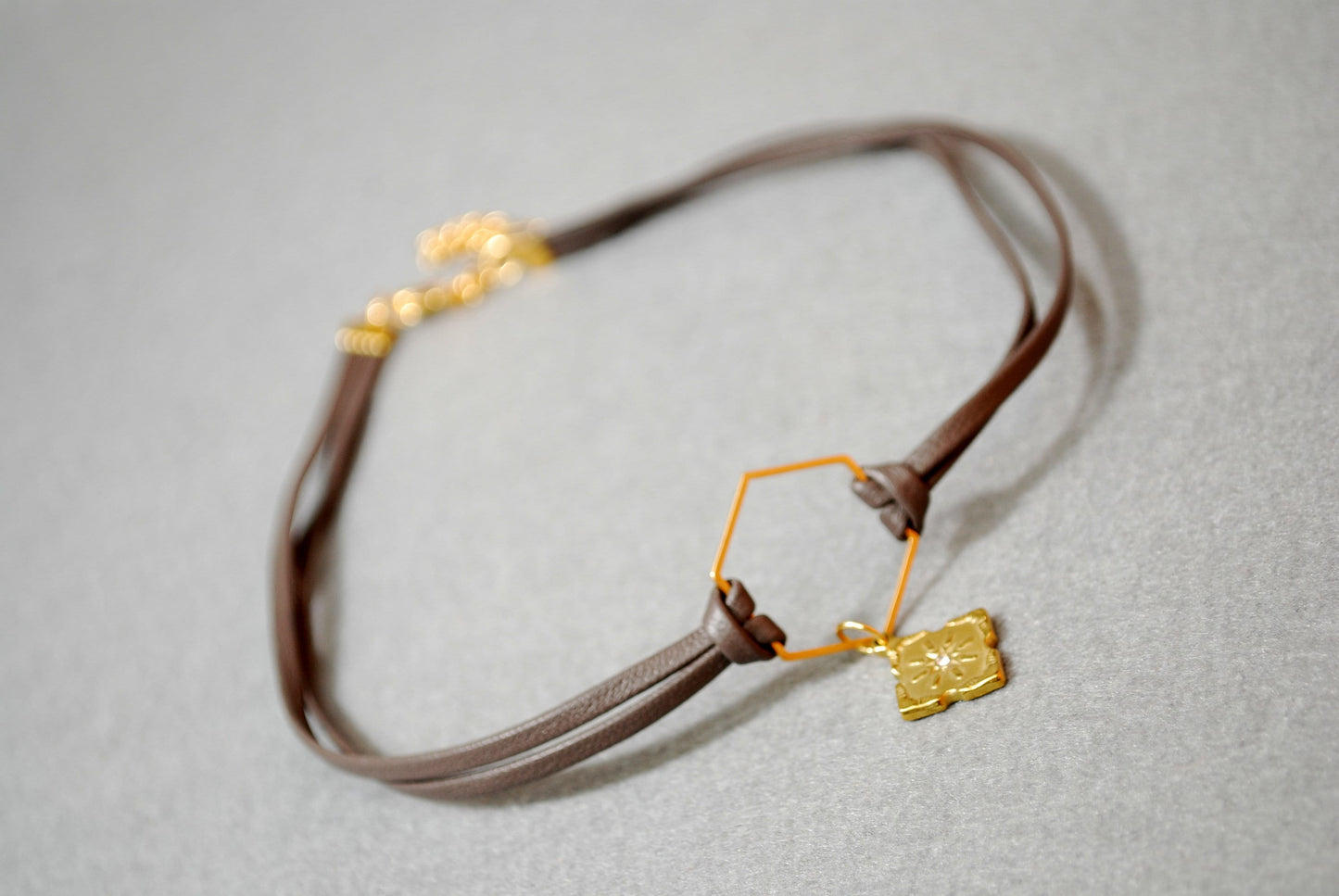 Boho-Chic Brown Leather Choker with Hexagon Stainless Steel Accent. 13" + adjustible chain