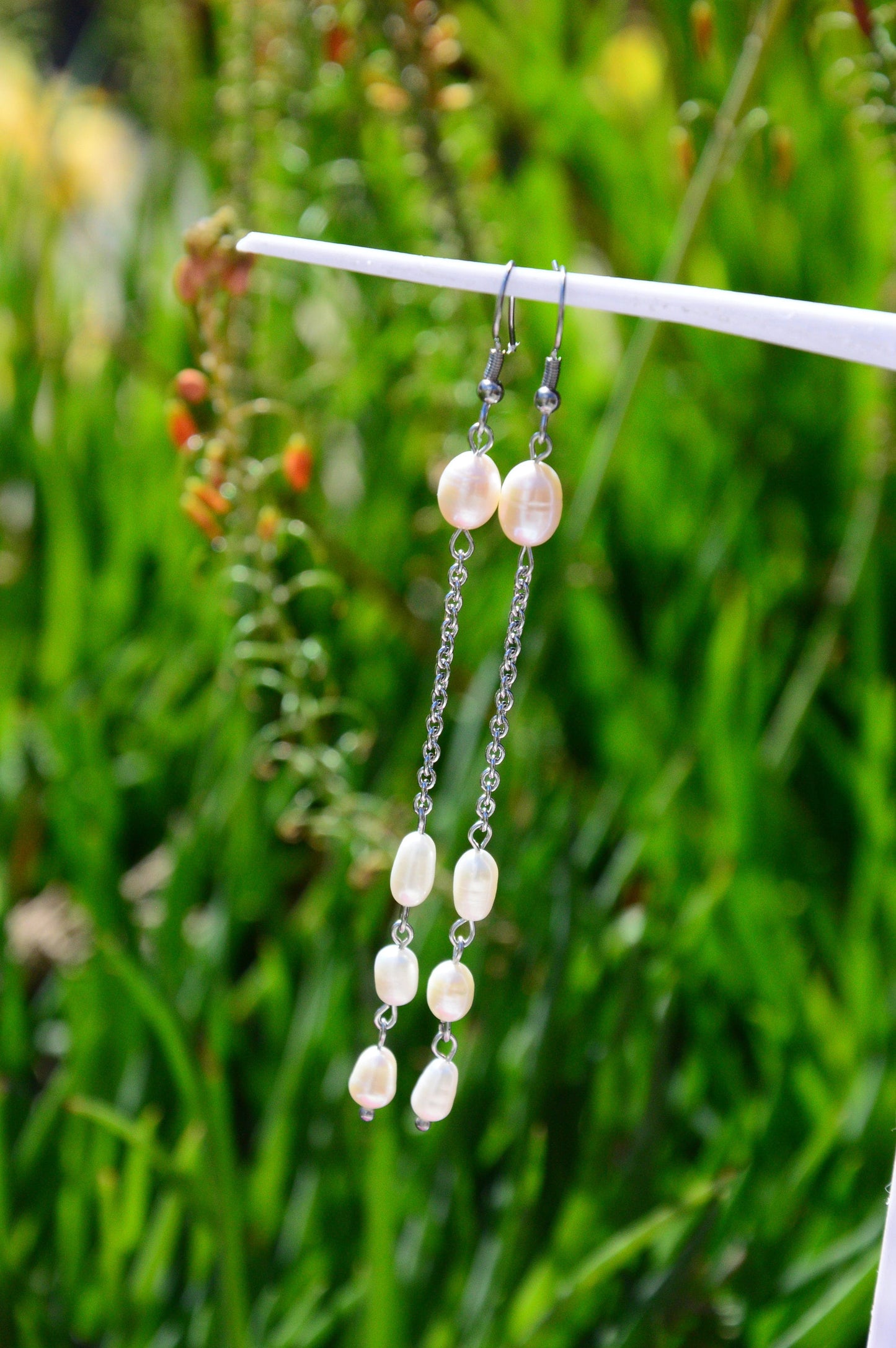 Radiant Bohemian Elegance: Long Chain Dangle Pearl Earrings in Stainless Steel - Perfect for Bridesmaids and Everyday Wear, 10cm - 4"