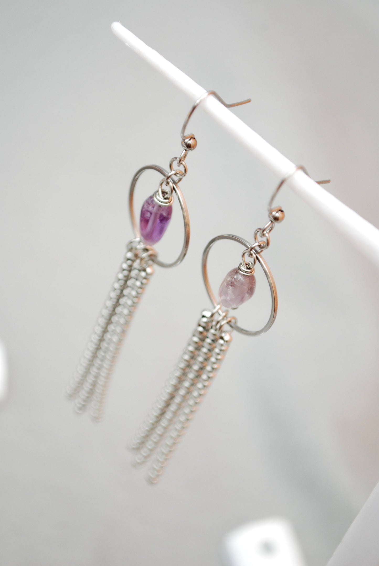 Vibrant Stainless Steel Earrings with Amethyst Beads: Playful Accessories for the Modern Fashionista! Estibela design. 10cm - 4"