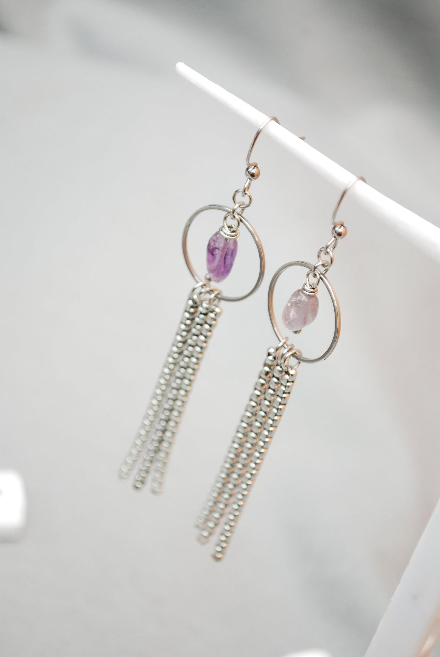 Vibrant Stainless Steel Earrings with Amethyst Beads: Playful Accessories for the Modern Fashionista! Estibela design. 10cm - 4"