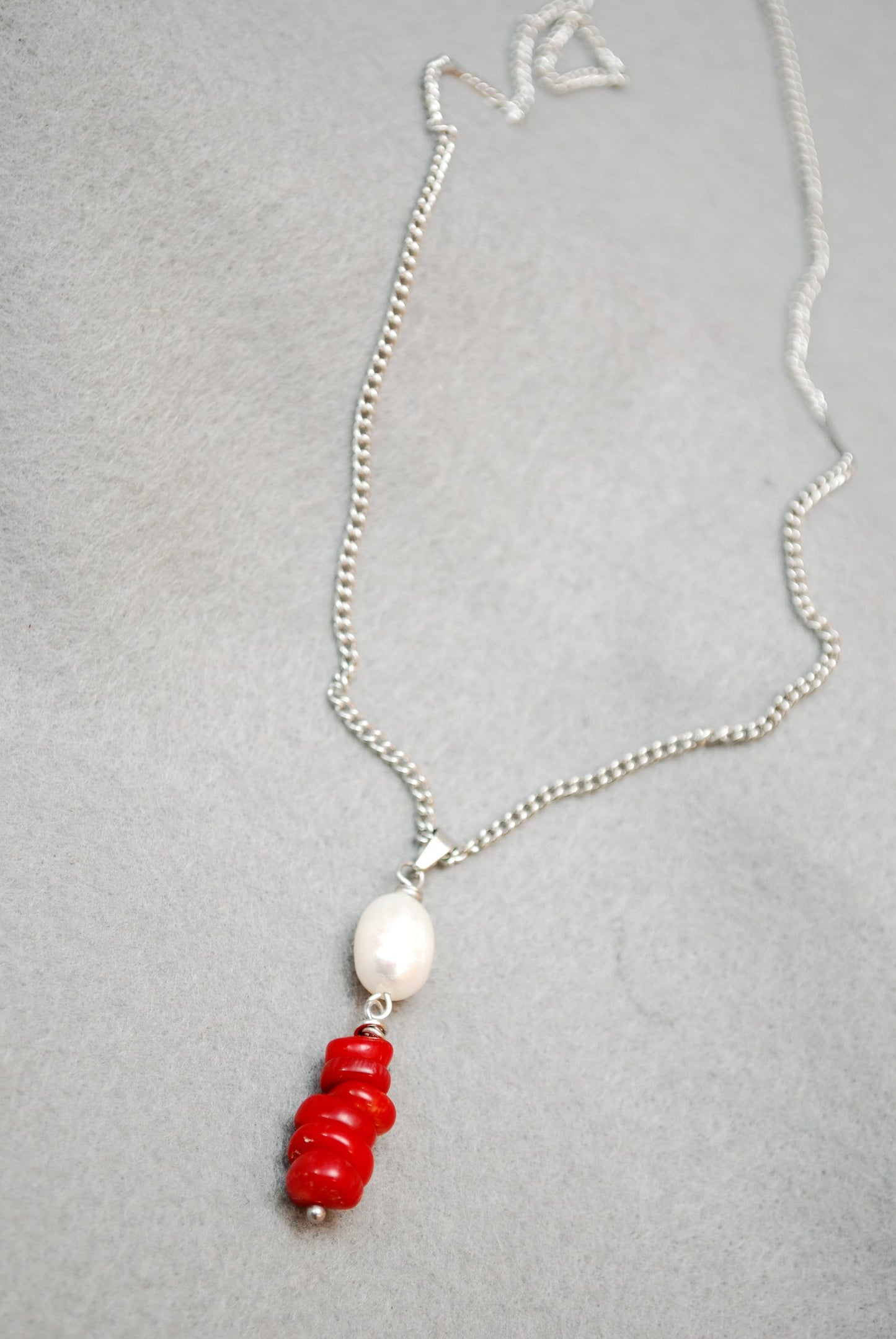 Elegant Stainless Steel Necklace with Freshwater Pearl Pendant and Coral Stones,  Delicate pearl & stone pendant