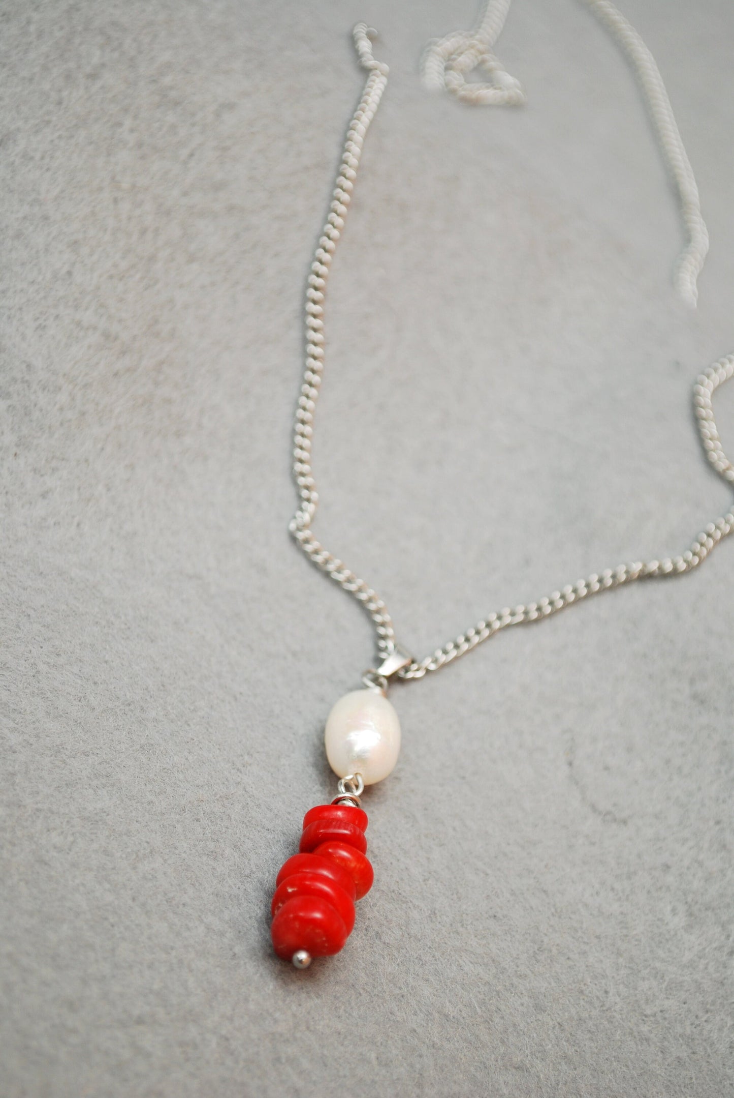 Elegant Stainless Steel Necklace with Freshwater Pearl Pendant and Coral Stones,  Delicate pearl & stone pendant