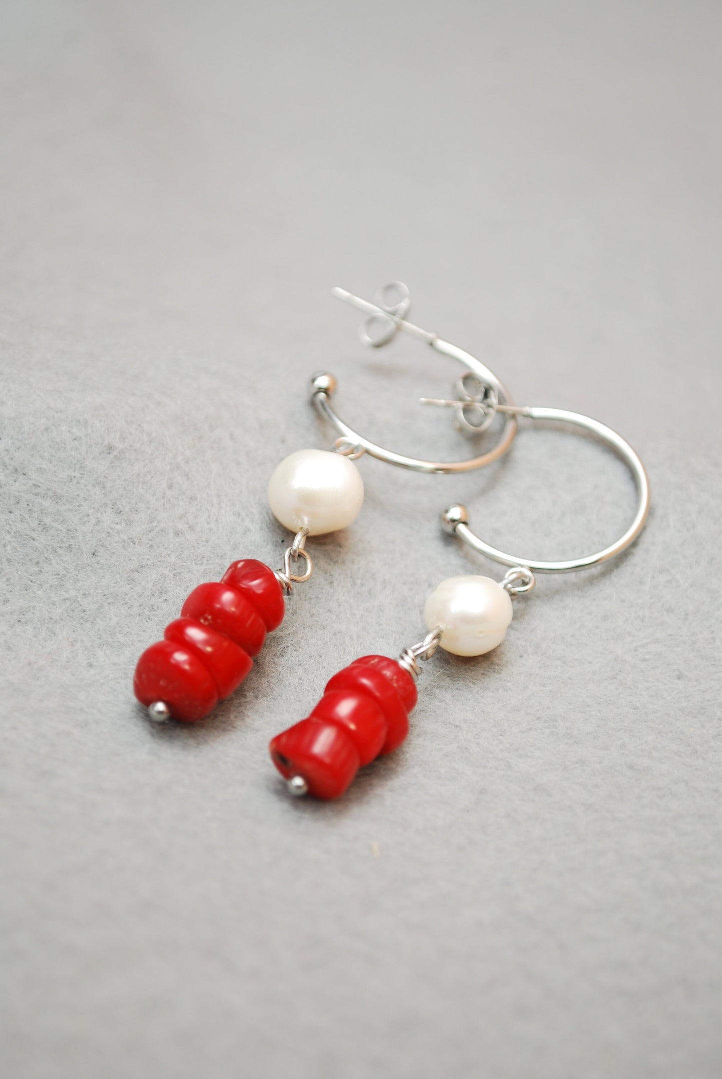 Stainless Steel Earrings with River Pearl Bead and Red Coral Stone Accents  -5.4cm 2.2"