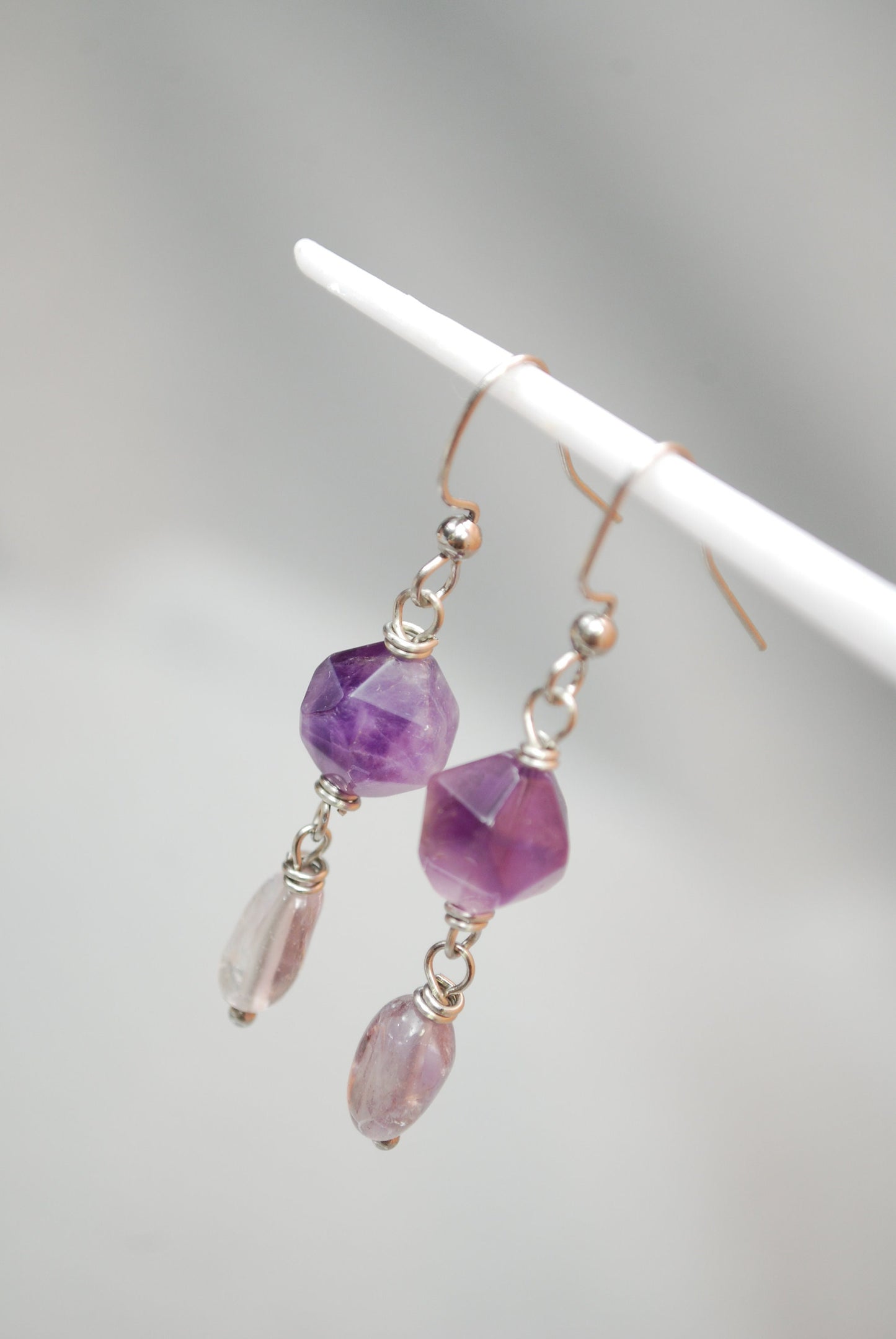 Unique Boho-chic earrings with Amethyst &  Super Seven stone bead. Estibela design. 4.8cm - 1.9". Elegant earrings for parties and cocktails