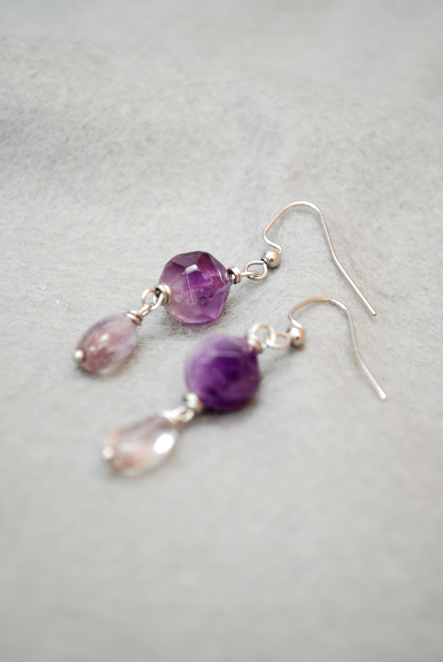 Unique Boho-chic earrings with Amethyst &  Super Seven stone bead. Estibela design. 4.8cm - 1.9". Elegant earrings for parties and cocktails