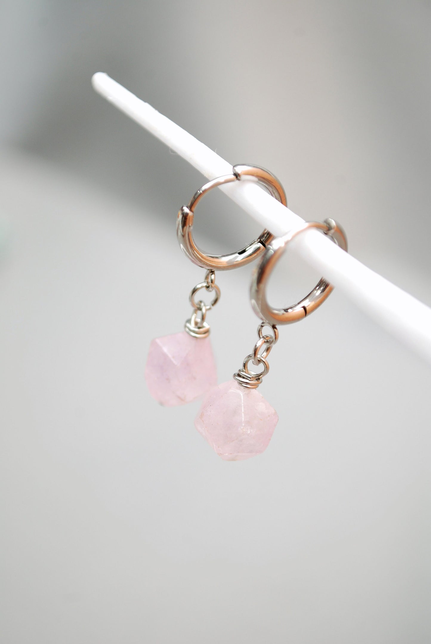 Elegant pink stone earrings, Handcrafted earrings with super seven stone, Elegant mimalist style, Estibela design, 5cm - 2"