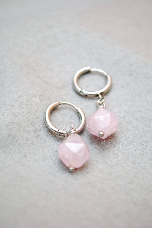 Elegant pink stone earrings, Handcrafted earrings with super seven stone, Elegant mimalist style, Estibela design, 5cm - 2"