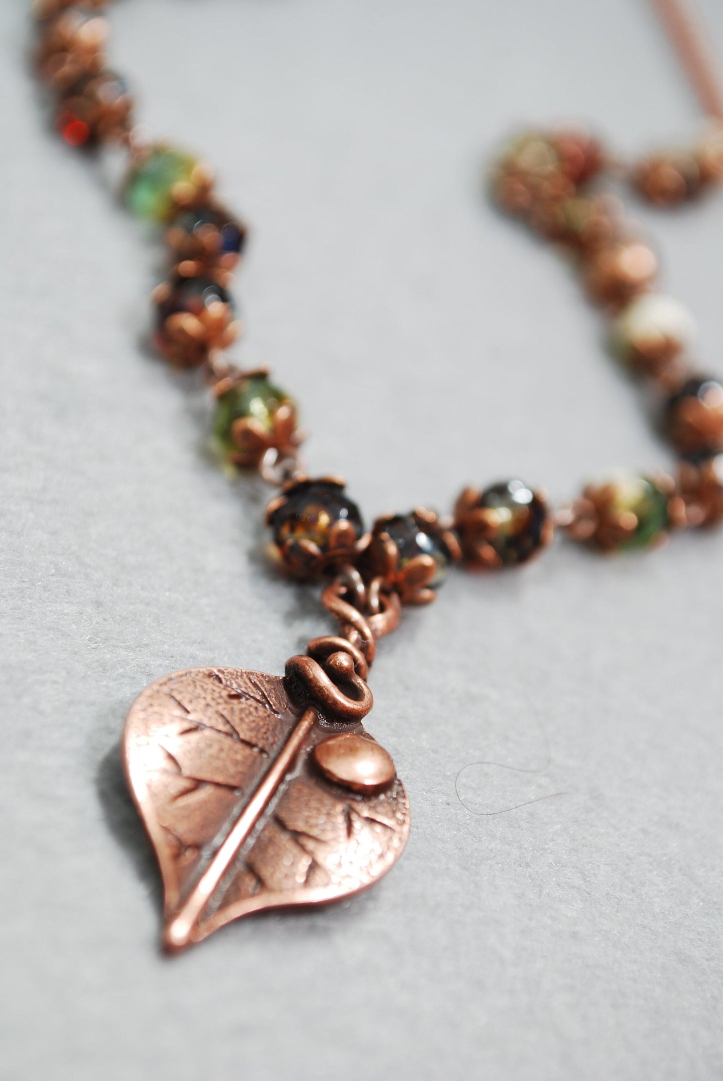 Elegant long beaded leaf charm necklace, Tibetan agate Dzi Beads necklace, autumn colors, Copper & green