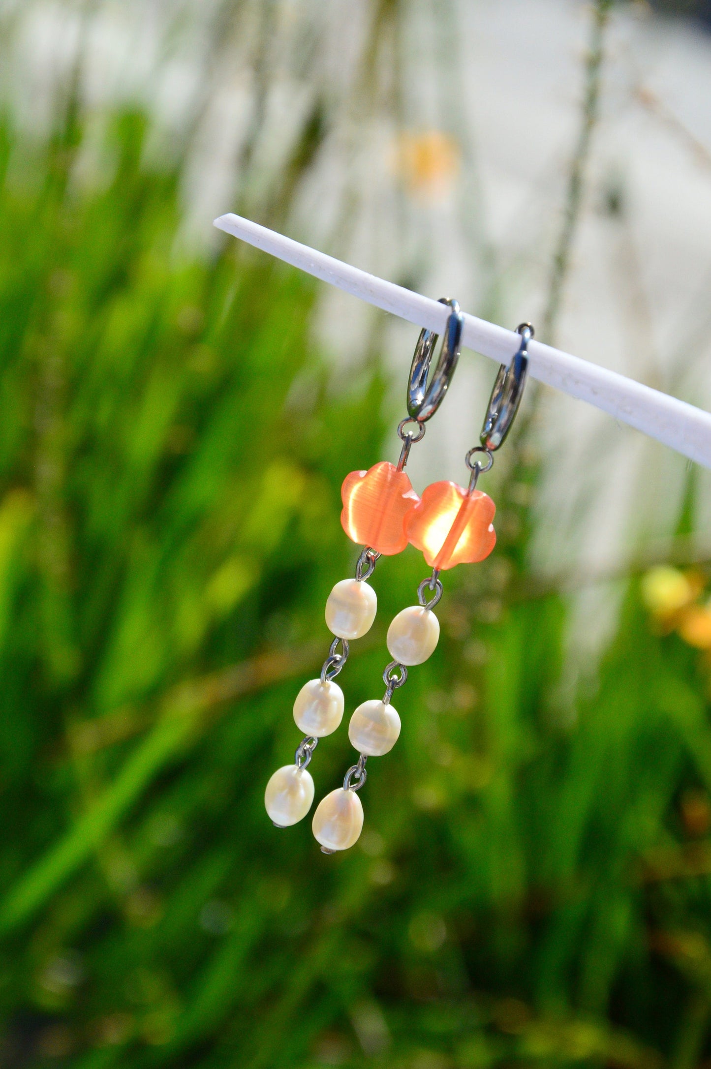 Handmade Long Cat's Eye Stone Orange Flower Beads Earrings with Freshwater Pearls for Boho and Beachy Summer Style