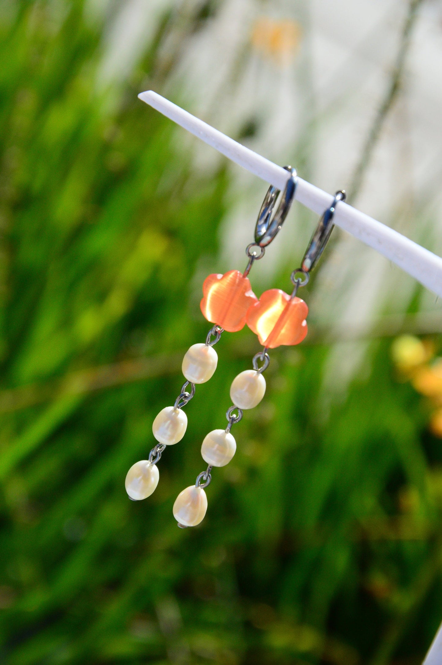 Handmade Long Cat's Eye Stone Orange Flower Beads Earrings with Freshwater Pearls for Boho and Beachy Summer Style