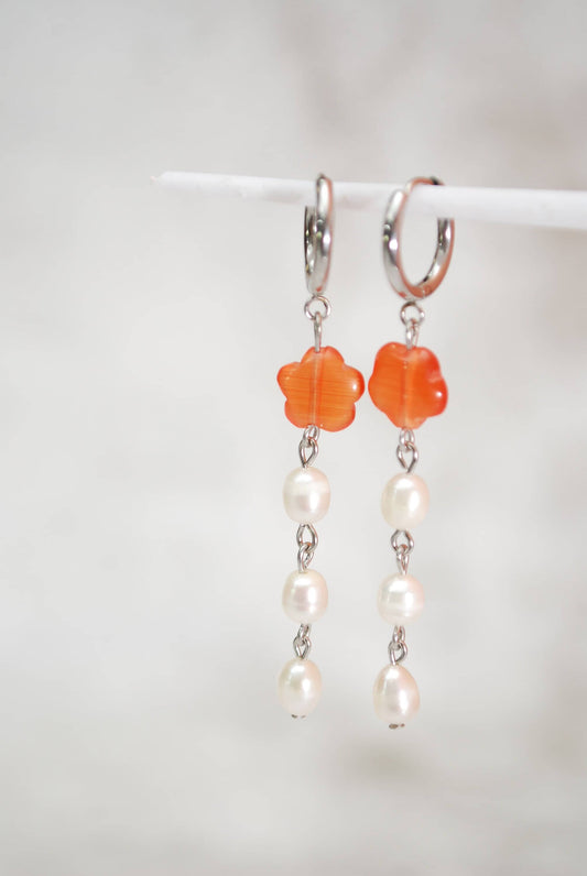 Handmade Long Cat's Eye Stone Orange Flower Beads Earrings with Freshwater Pearls for Boho and Beachy Summer Style