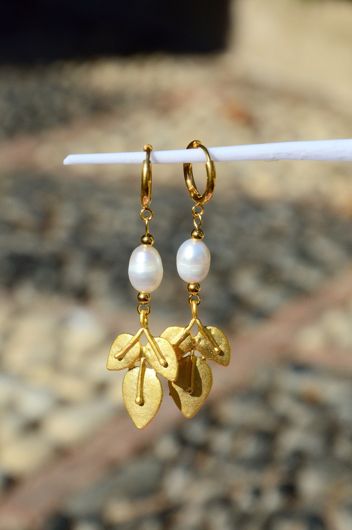 Gold plated Leaf Drop Earrings, Freshwater pearl earrings, Bohemian Hoops, Classic outfit, 6cm 2.3"