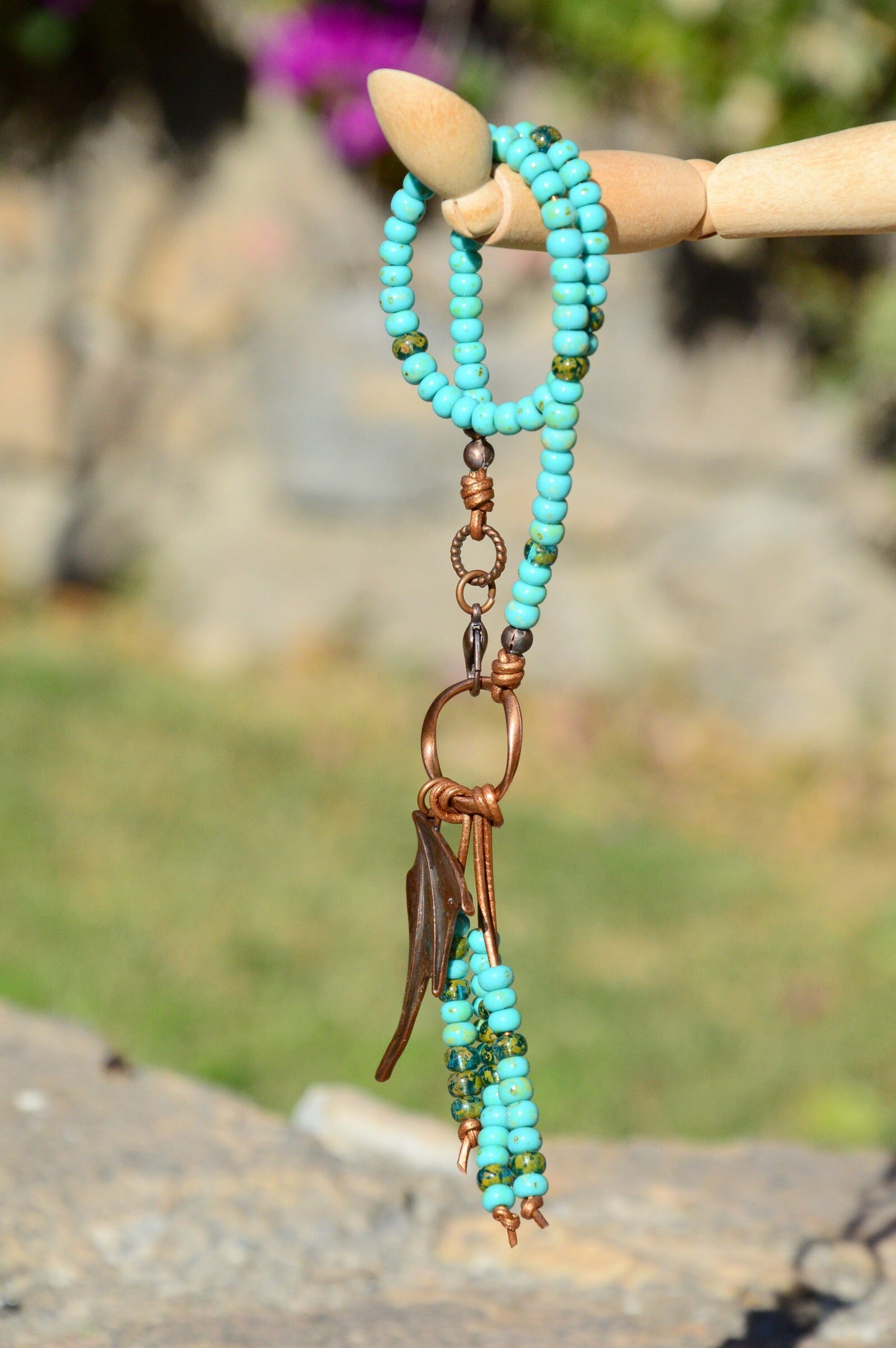 Turquoise Green beaded boho 2 turn leather bracelet, copper dragon wing fringe bracelet, unisex jewelry