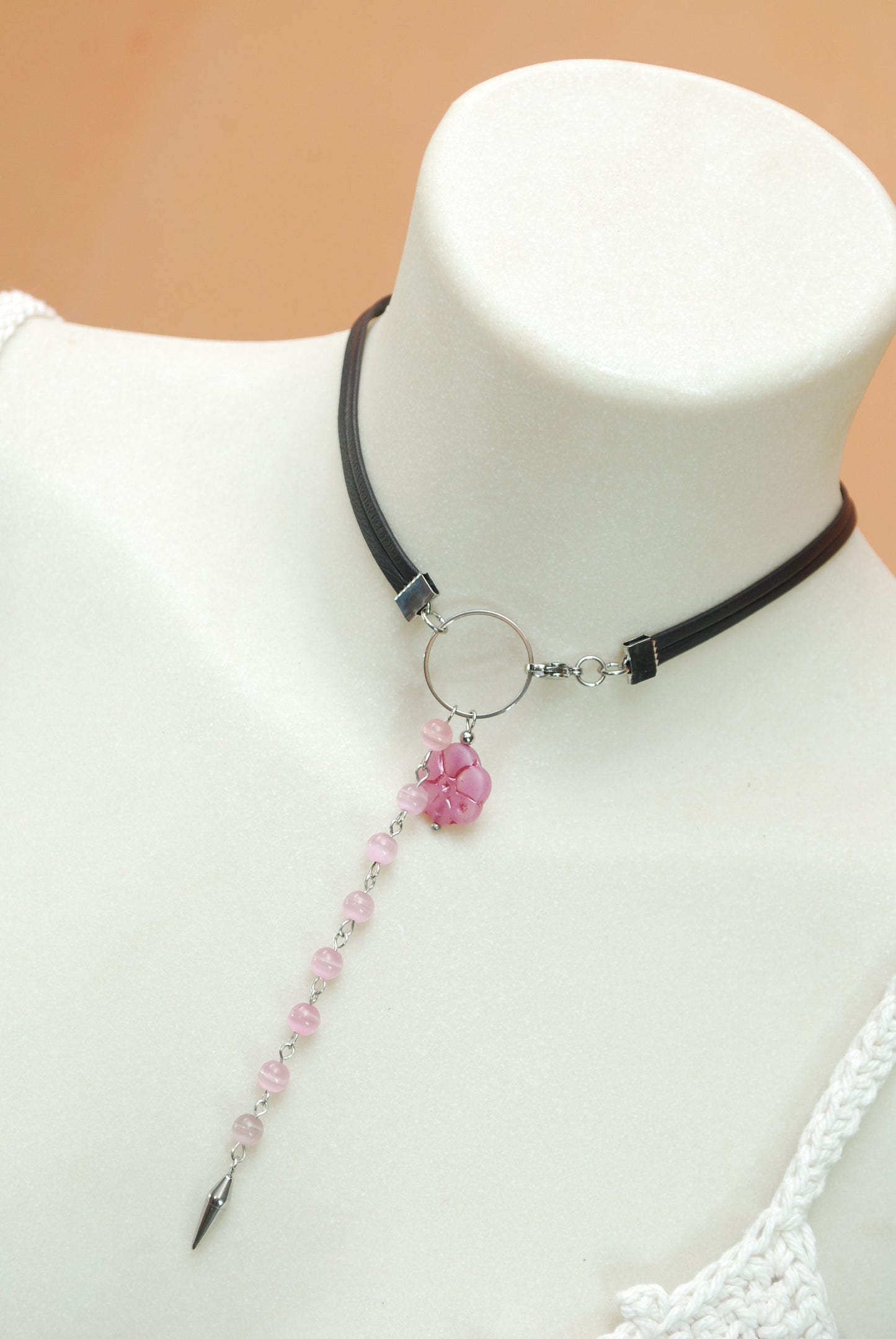 Leather Cord Choker with Rose Cat's Eye Stone Bead Cascade and Flower Czech Glass Bead - Estibela Design Collection