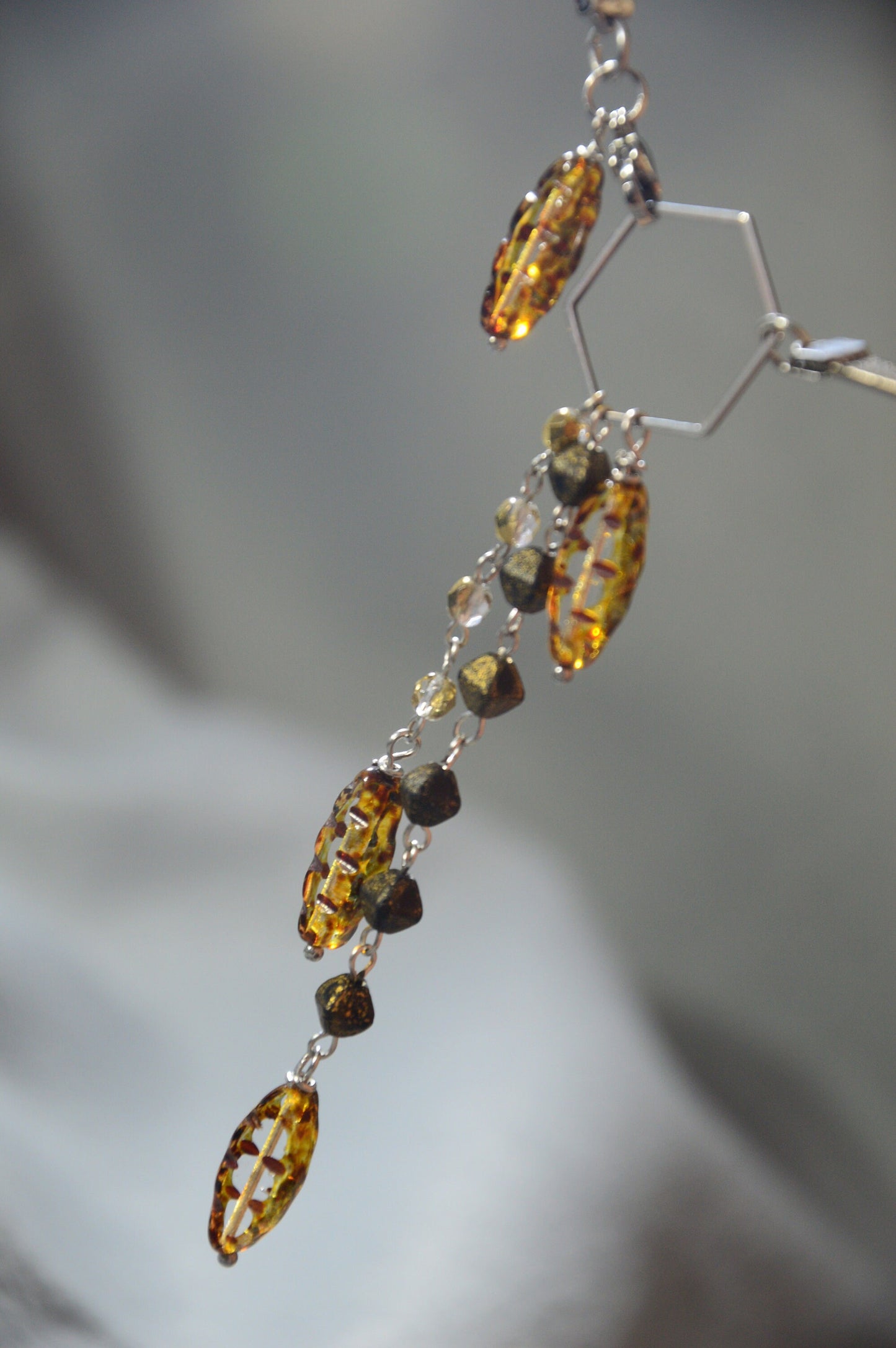 Brown Leather Choker with Silver Hexagon Pendant and Czech Bead Cascade for Boho and Hippie Style, Estibela design