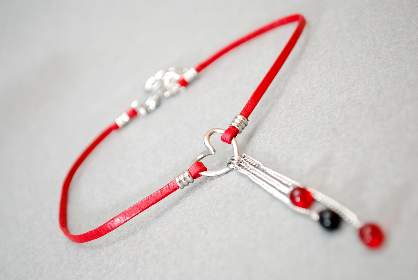 Bold Red Leather Choker with Stainless Steel Heart Pendant - Exclusively Designed by Estibela, Adjustible length.