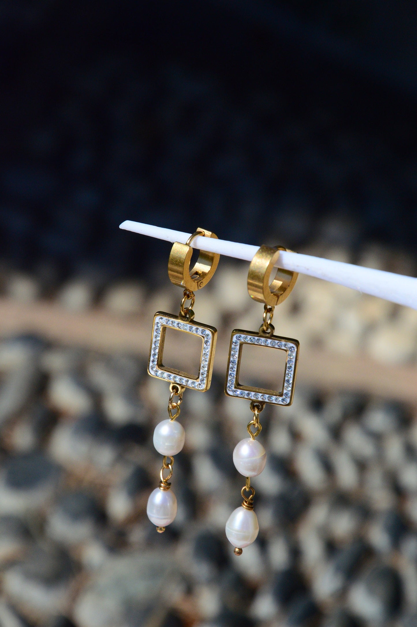 Square Pearl Earrings - Handmade Gold Stainless Steel Hoop Earrings with Freshwater Pearls, 2.5in Length