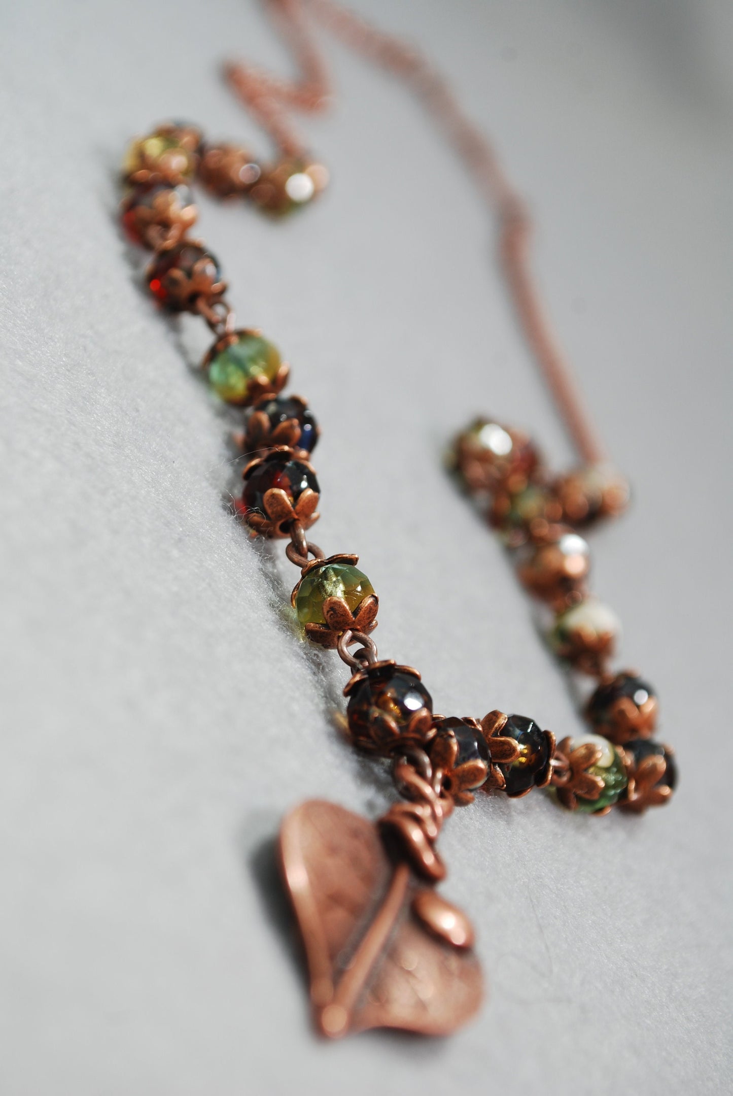 Elegant long beaded leaf charm necklace, Tibetan agate Dzi Beads necklace, autumn colors, Copper & green