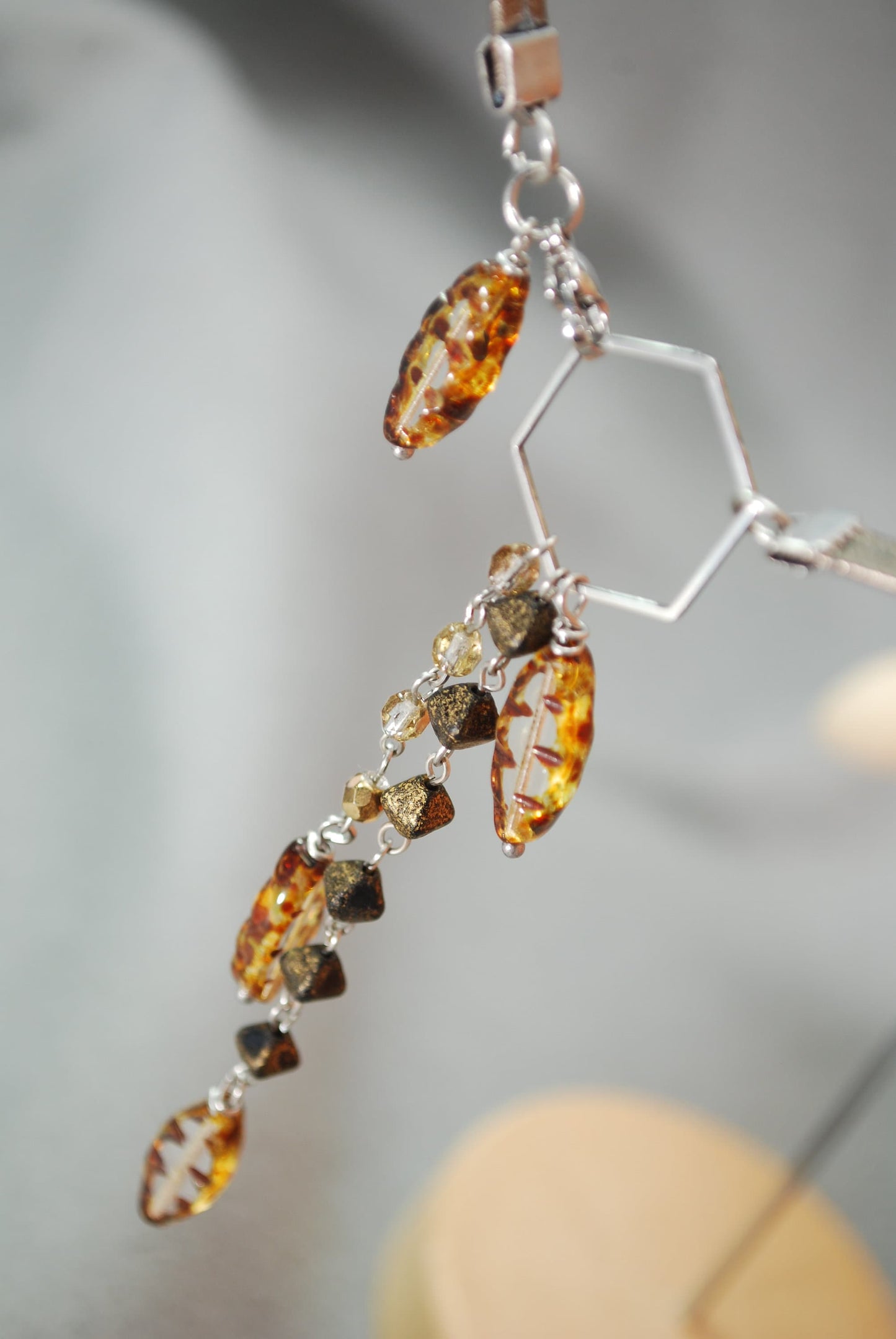 Brown Leather Choker with Silver Hexagon Pendant and Czech Bead Cascade for Boho and Hippie Style, Estibela design