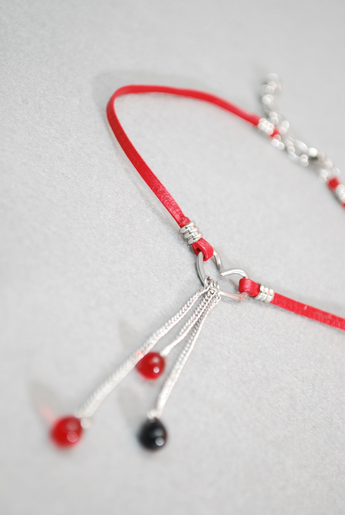 Bold Red Leather Choker with Stainless Steel Heart Pendant - Exclusively Designed by Estibela, Adjustible length.