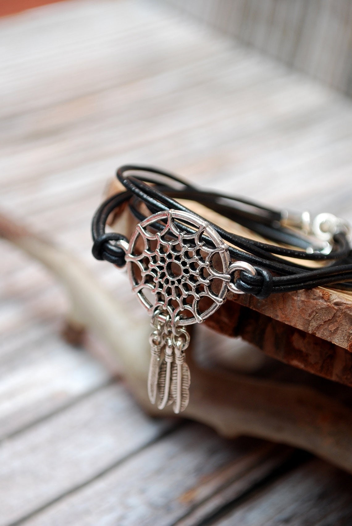 Dream catcher leather bracelet, Native American and First Nations cultures.