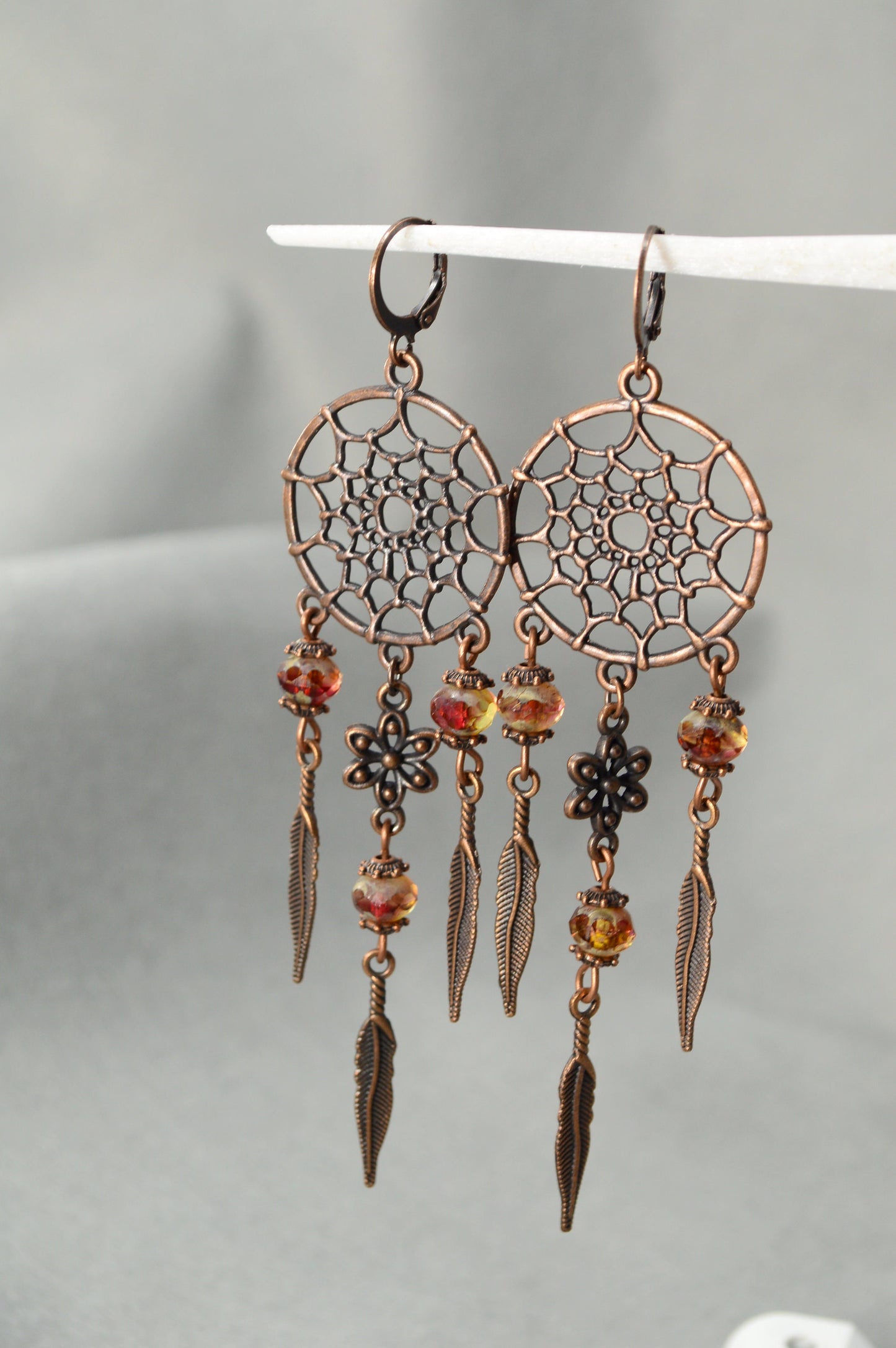 Dream Catcher Feather Leaf Brown Beads Earrings - Unique Boho Design