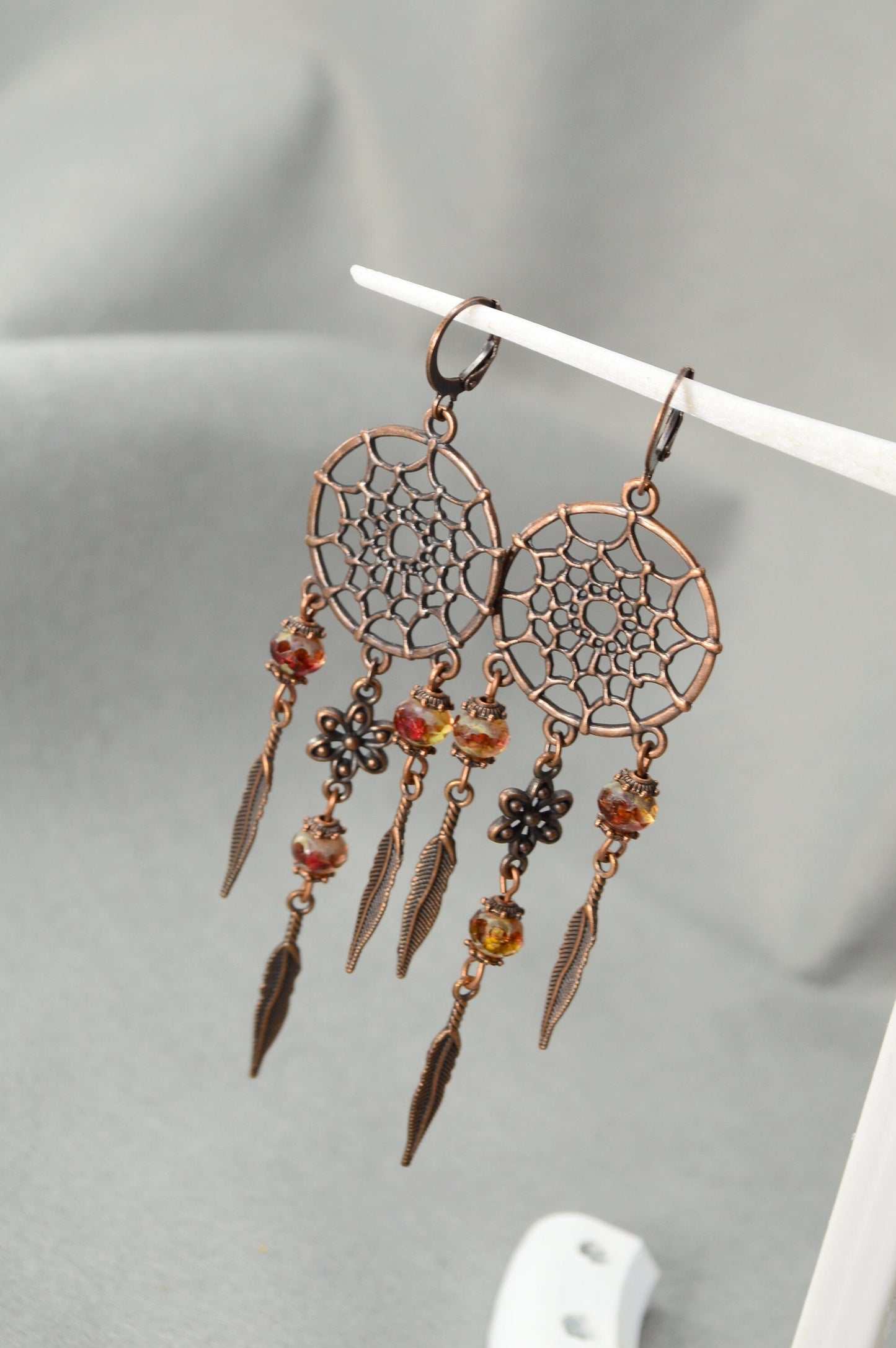 Dream Catcher Feather Leaf Brown Beads Earrings - Unique Boho Design