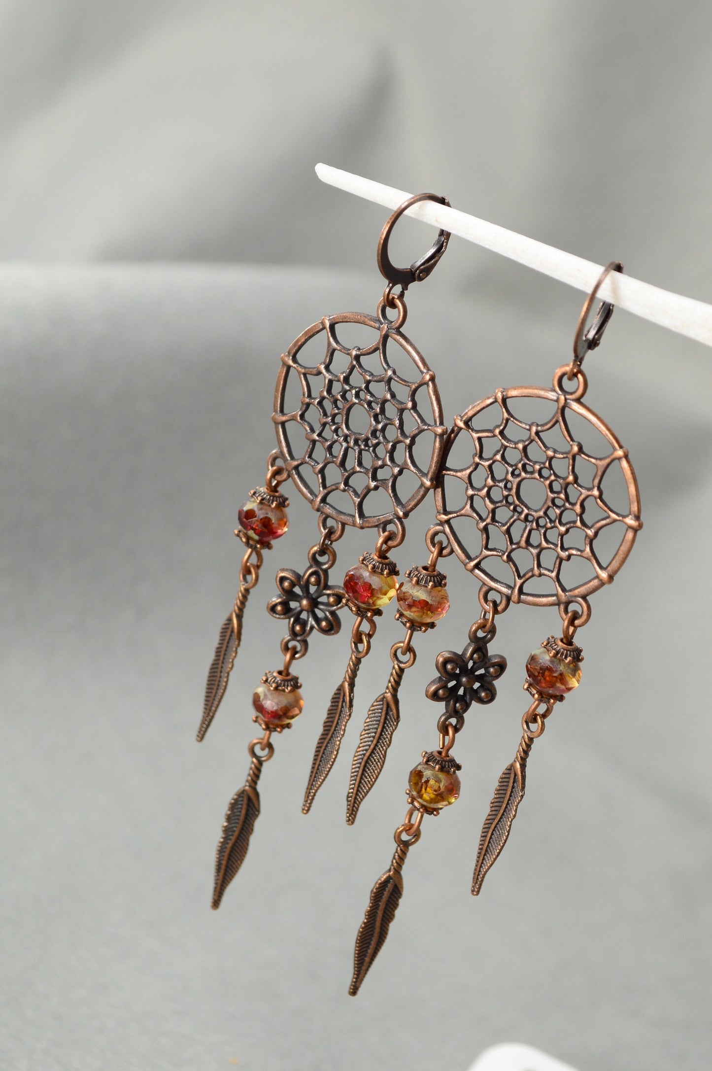 Dream Catcher Feather Leaf Brown Beads Earrings - Unique Boho Design