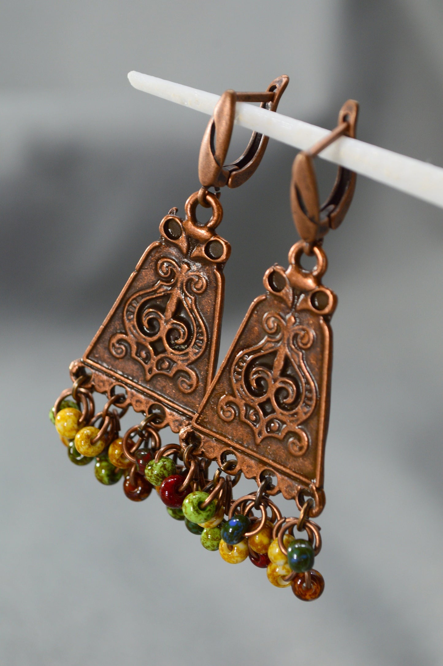 Unique Aztec Inca Cooper Earrings, Vintage Style Tribal Beaded Jewelry - 5,5cm (2.2")