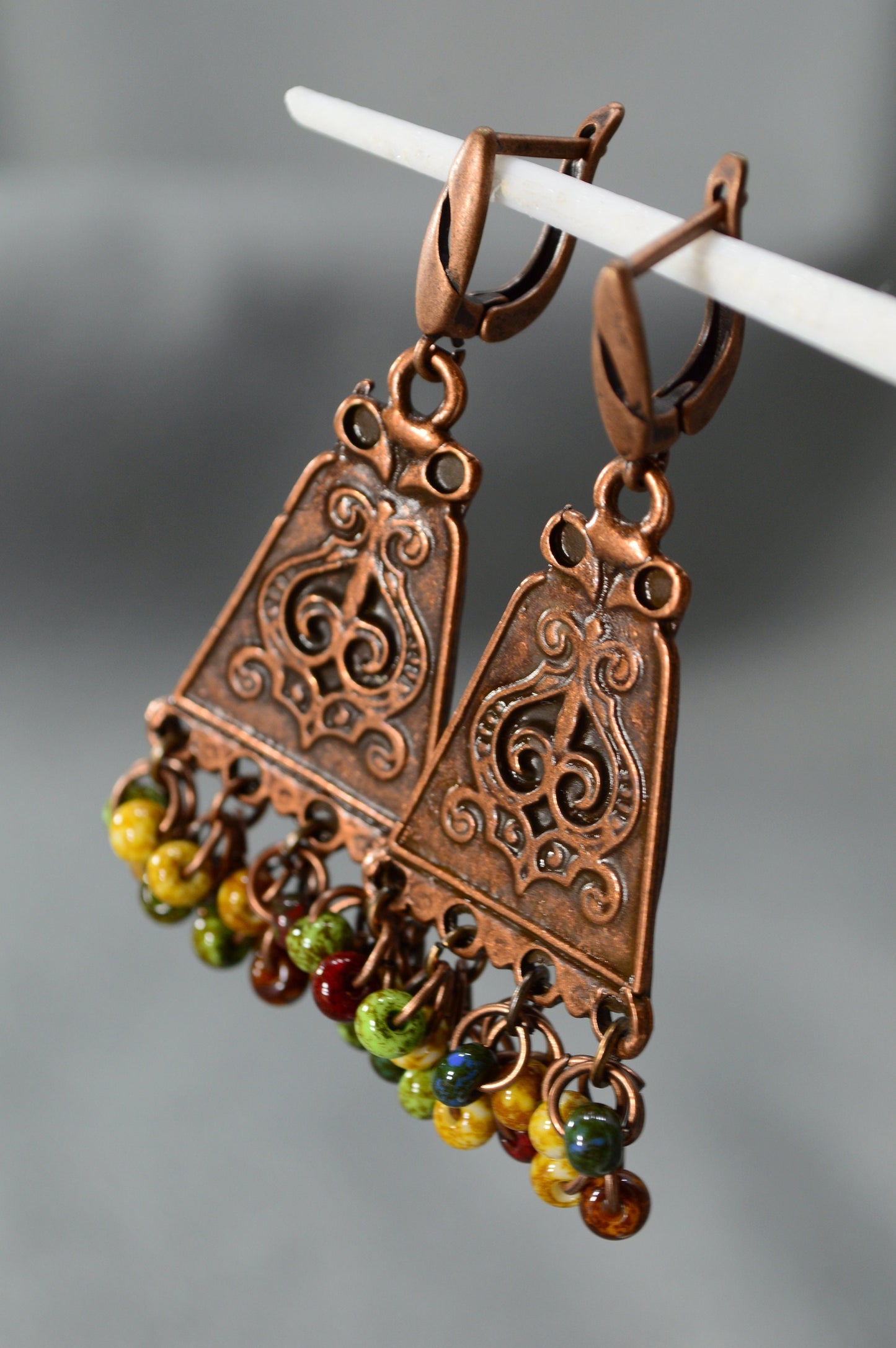 Unique Aztec Inca Cooper Earrings, Vintage Style Tribal Beaded Jewelry - 5,5cm (2.2")