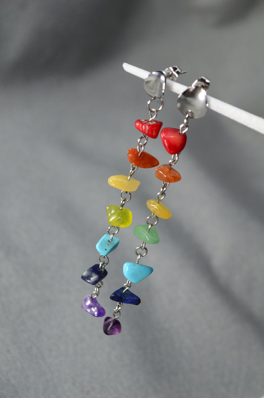 Cascade Earrings with Rainbow Gemstones - Unique and Modern Jewelry for Beach Parties and Festivals. 10cm - 4"