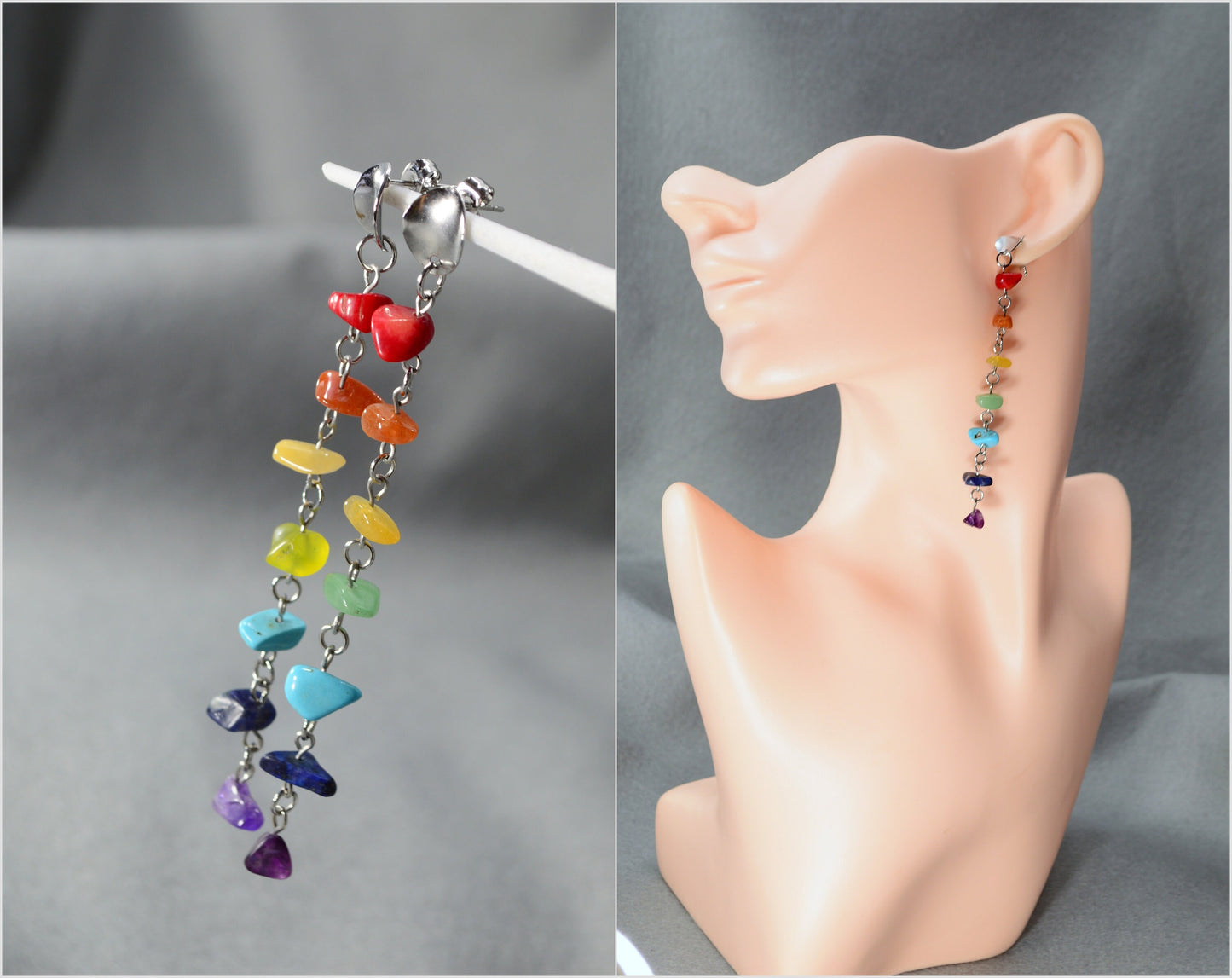 Cascade Earrings with Rainbow Gemstones - Unique and Modern Jewelry for Beach Parties and Festivals. 10cm - 4"