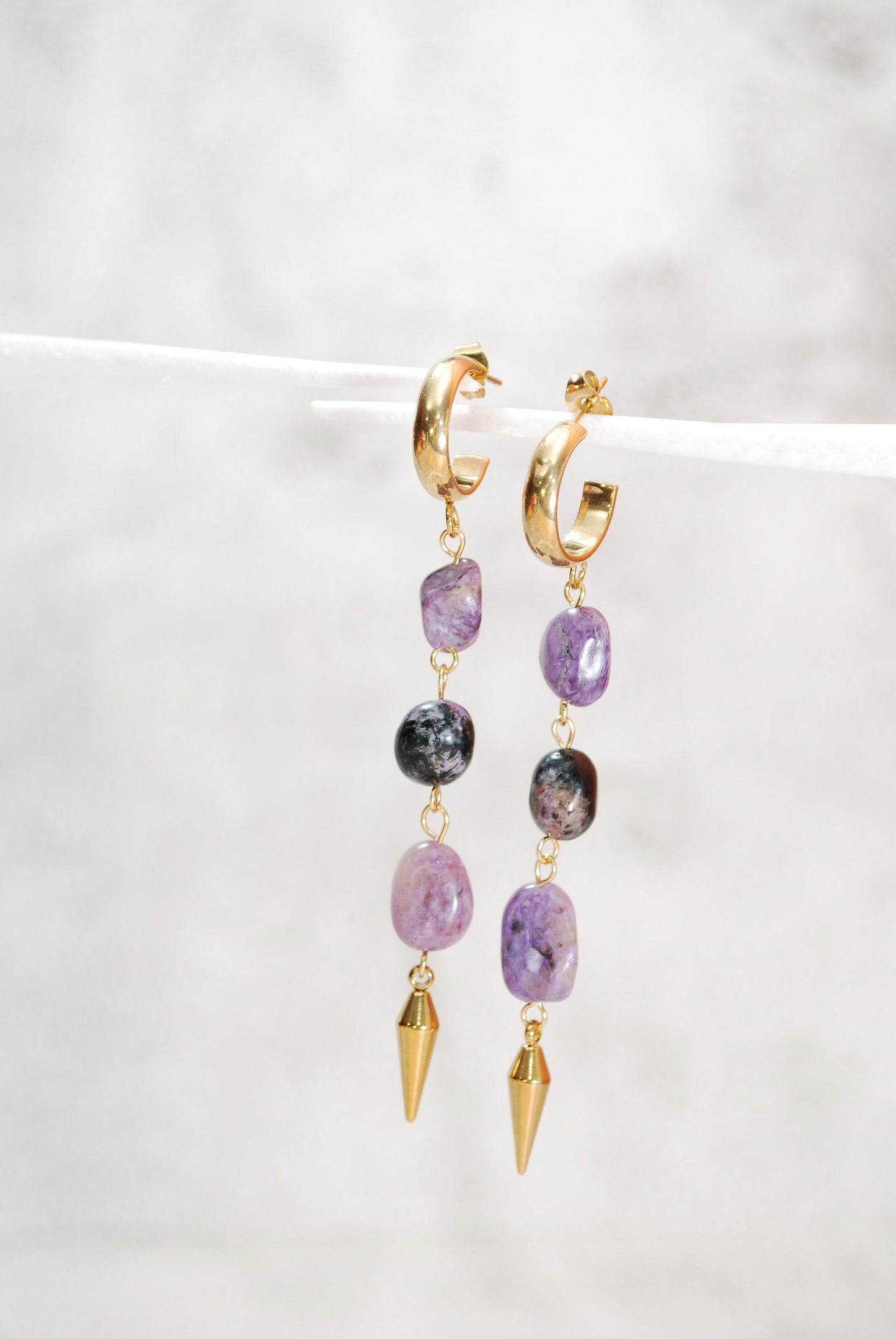 Long charoite stone cascade earrings,  spike gold plated stainless steel earrings,  8cm - 3.1"