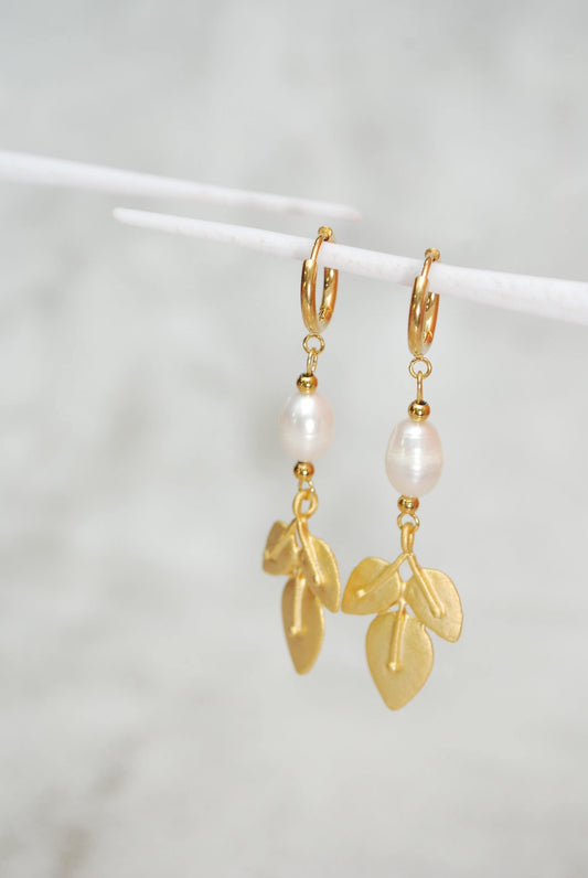 Gold plated Leaf Drop Earrings, Freshwater pearl earrings, Bohemian Hoops, Classic outfit, 6cm 2.3"