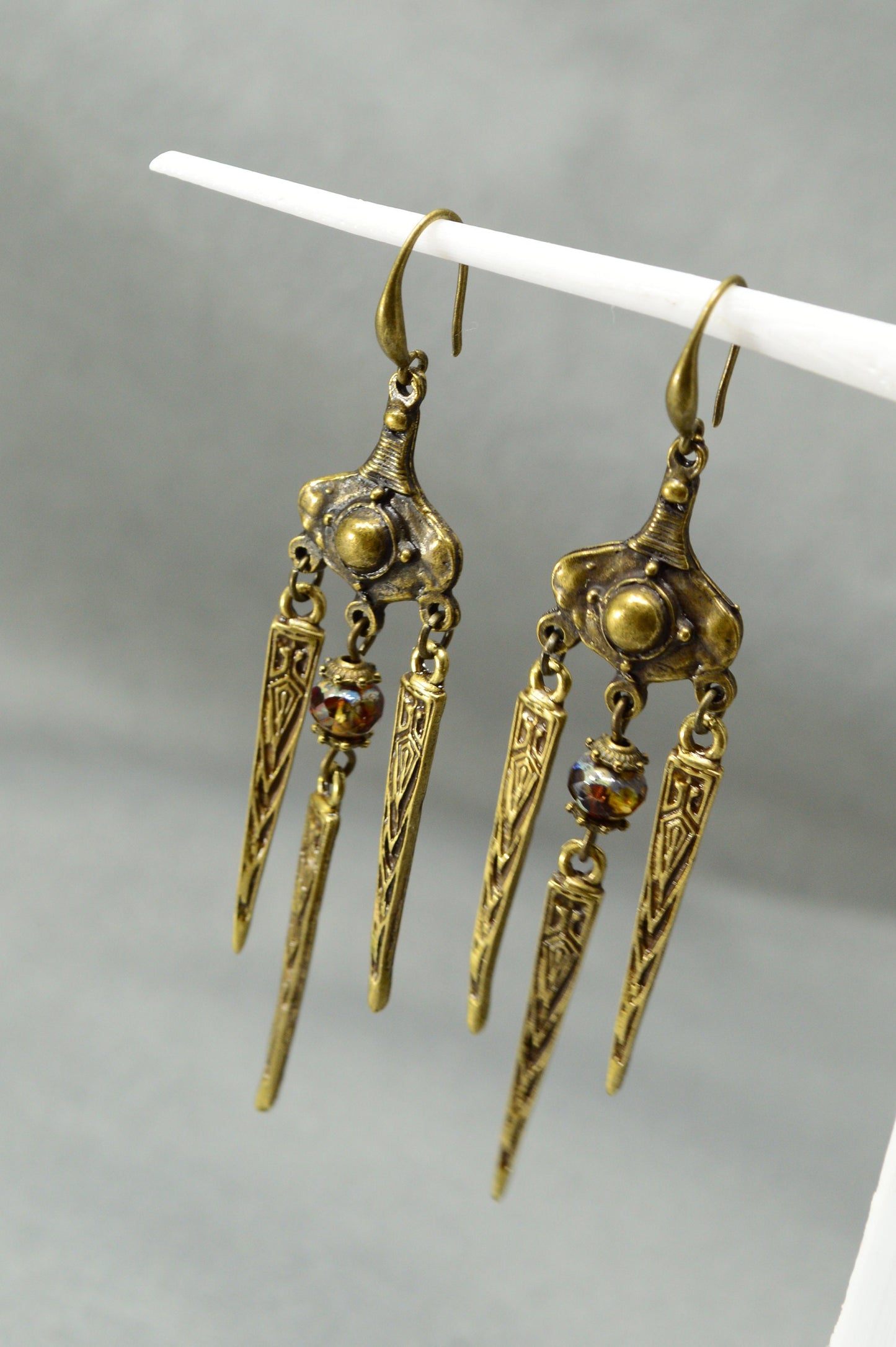 Unique Aztec Inca Bronze Earrings, Vintage Style Tribal Beaded Jewelry - 8cm (3.2")