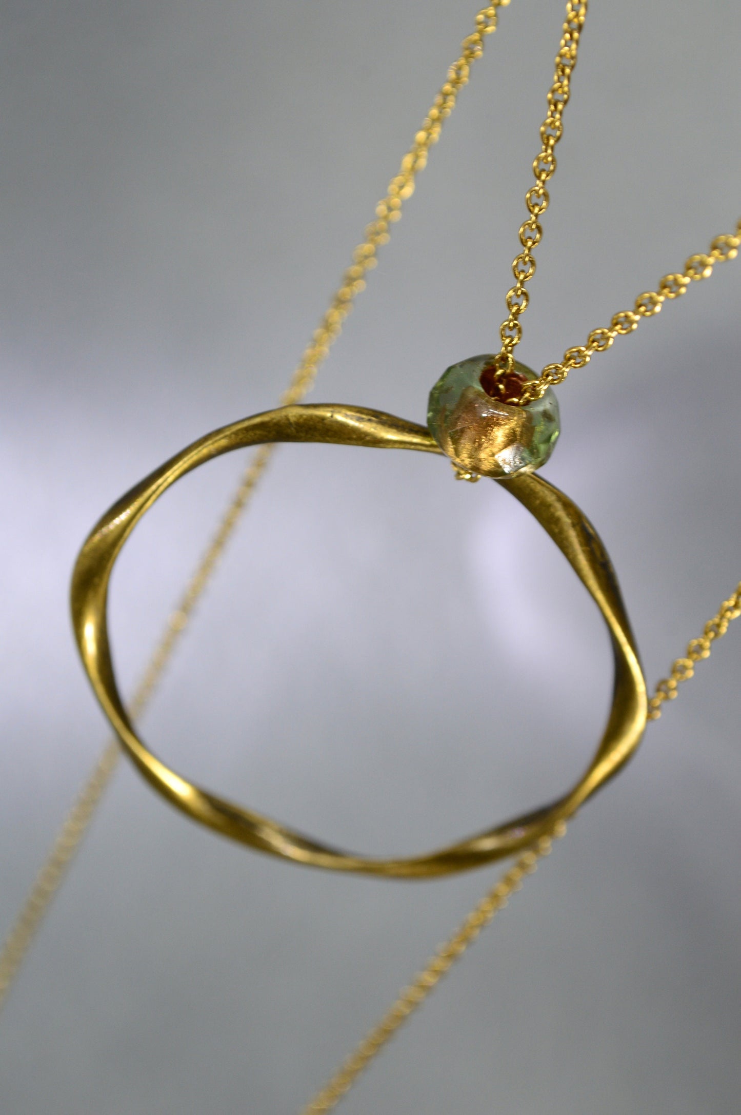 Large Bronze Ring Pendant with Gold Stainless Steel Chain and Czech Glass Bead - Unique Design by Estibela Design