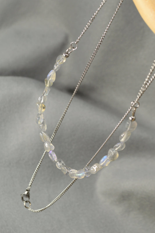 Radiant Labradorite Elegance: Stainless Steel Necklace and Earring Set