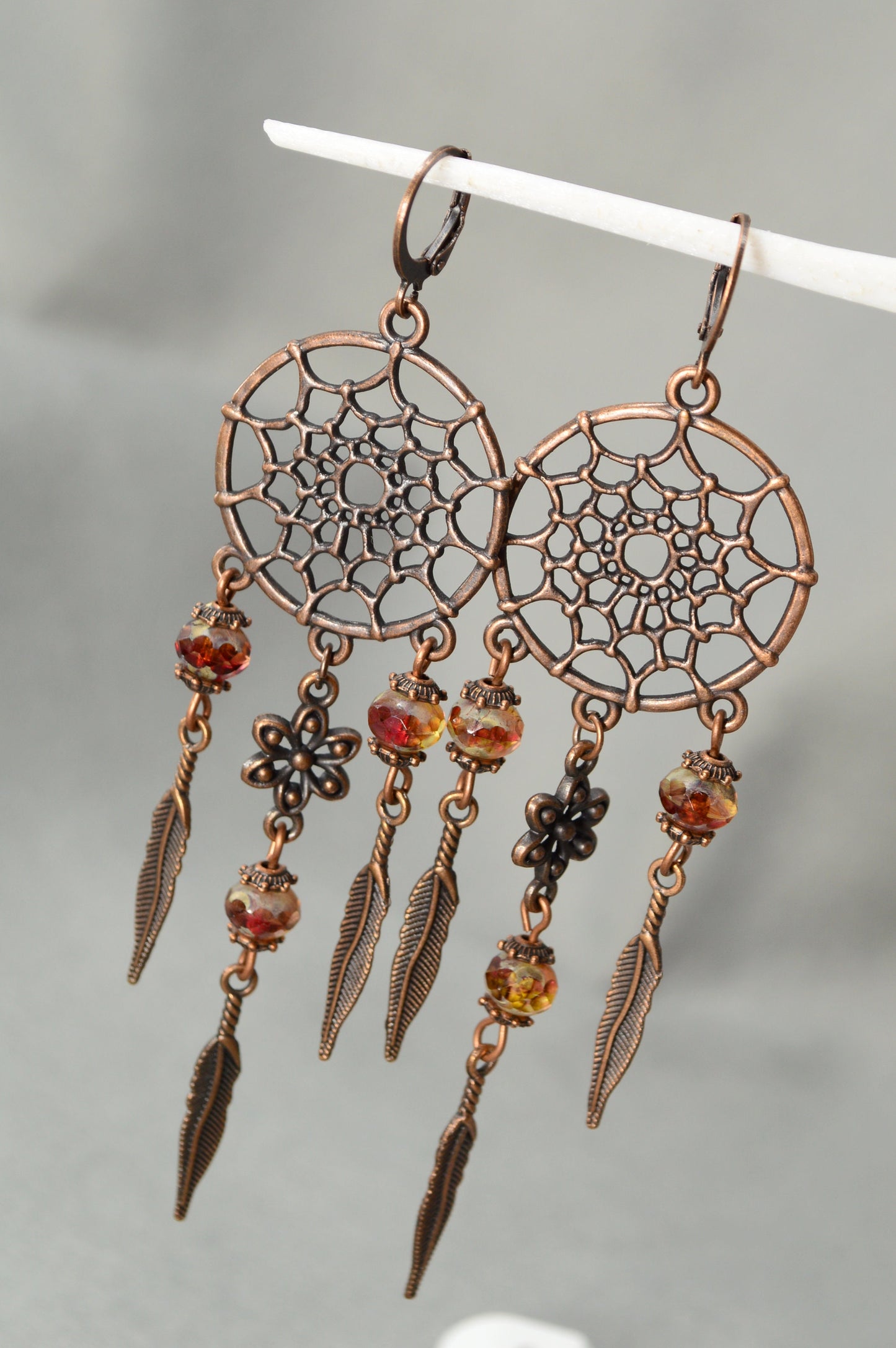 Dream Catcher Feather Leaf Brown Beads Earrings - Unique Boho Design