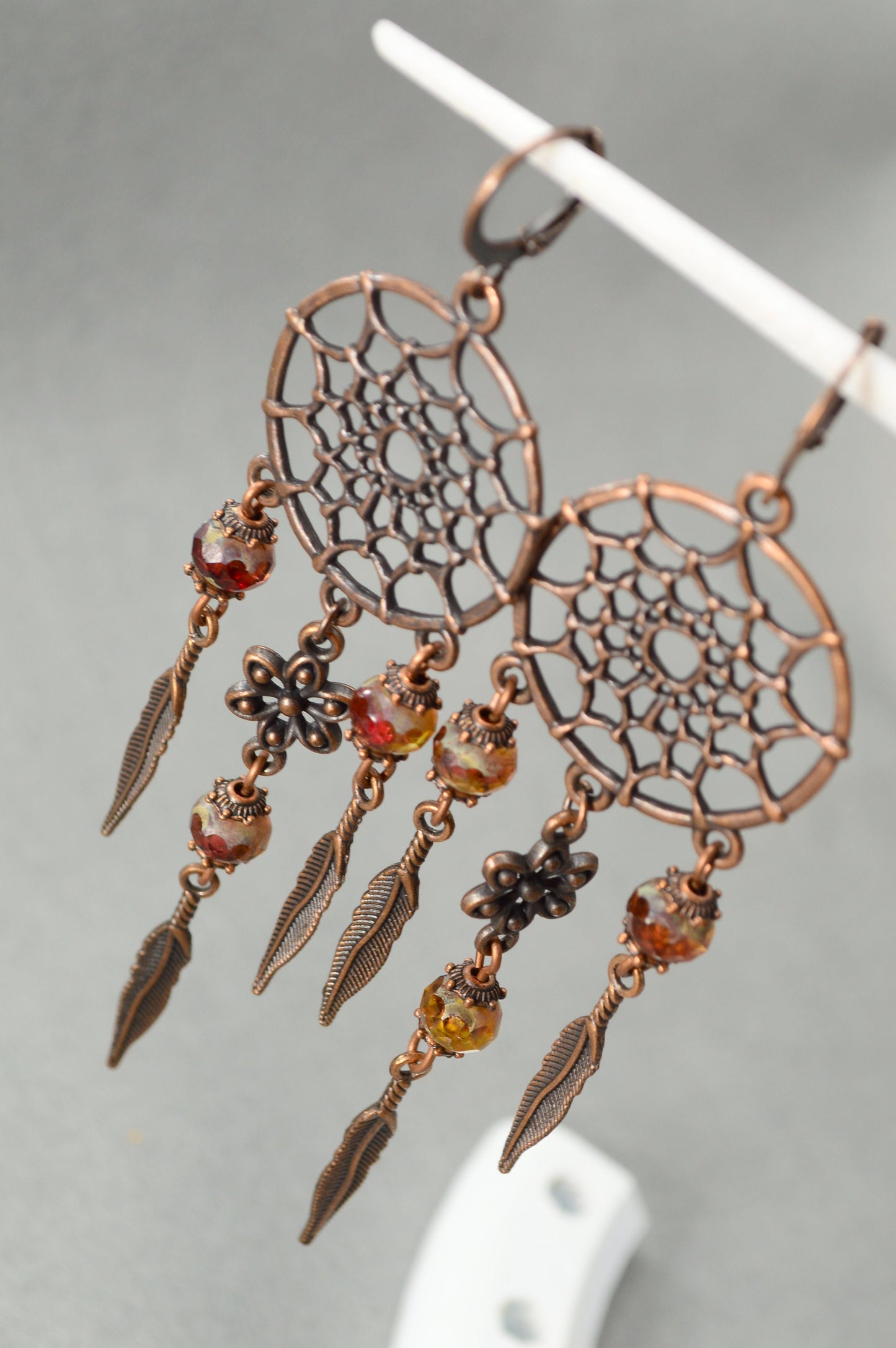 Dream Catcher Feather Leaf Brown Beads Earrings - Unique Boho Design