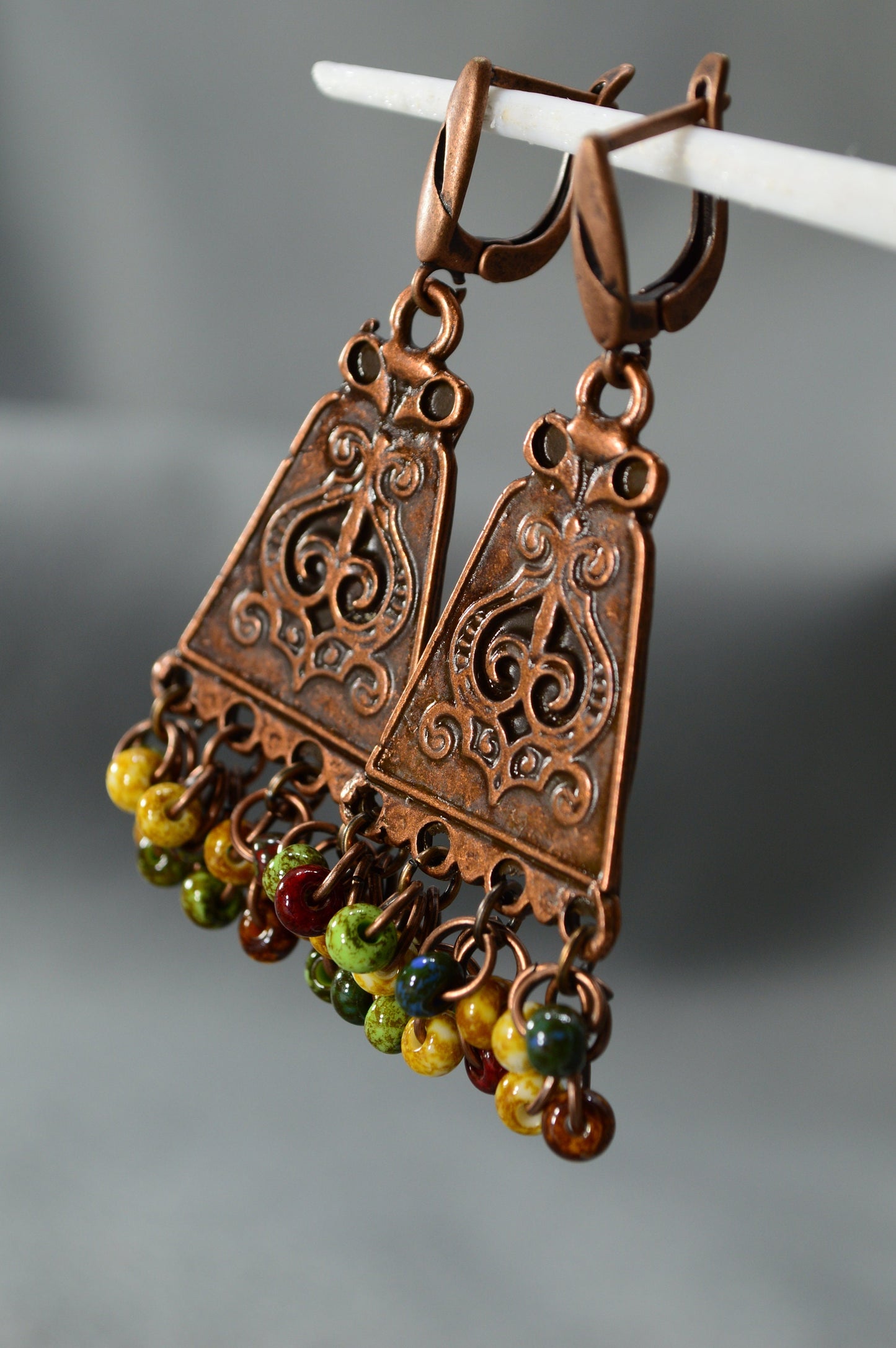 Unique Aztec Inca Cooper Earrings, Vintage Style Tribal Beaded Jewelry - 5,5cm (2.2")