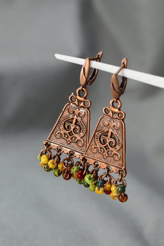 Unique Aztec Inca Cooper Earrings, Vintage Style Tribal Beaded Jewelry - 5,5cm (2.2")