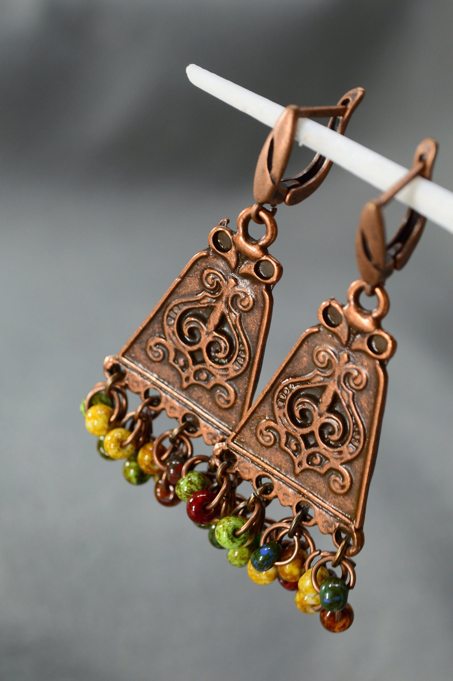 Unique Aztec Inca Cooper Earrings, Vintage Style Tribal Beaded Jewelry - 5,5cm (2.2")