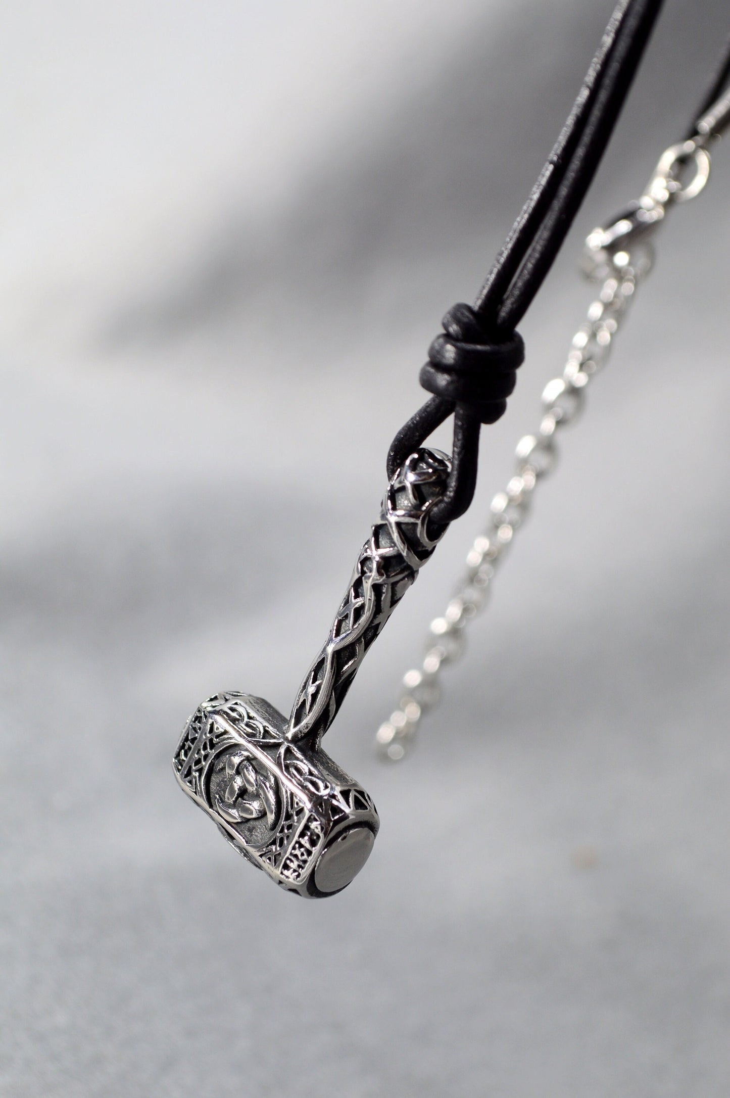 Leather Cord Pendant with Titanium Steel Hammer, Inspired by Norse Mythology, Gothic leather cord hammer necklace.