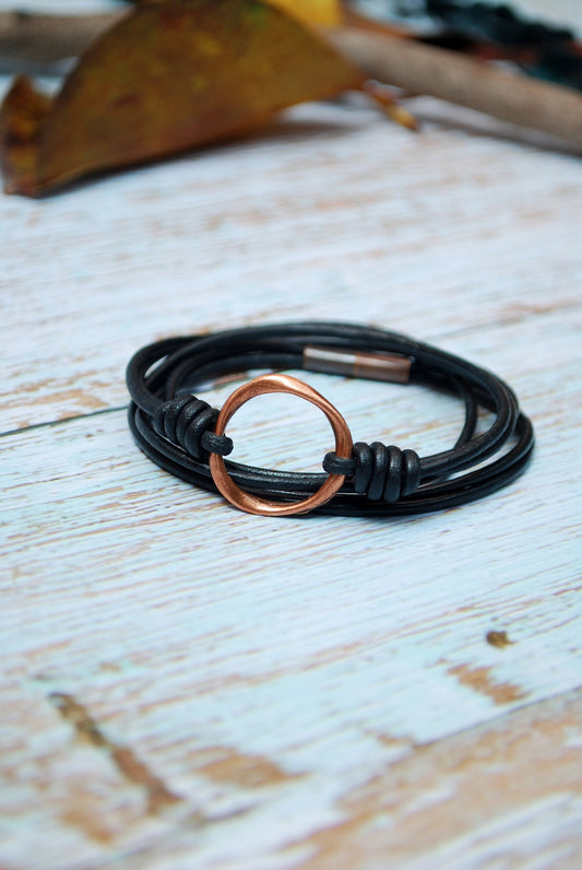 Boho Leather Circle Bracelet - Multi-layered Black Leather with Copper Ring for Men and Women